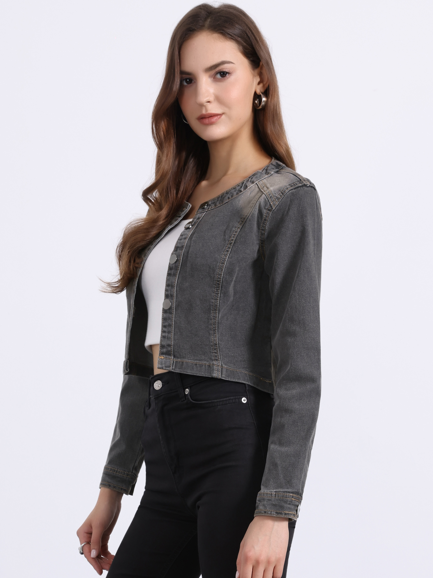 Denim Collarless Long Sleeve Button Down Crop Jean Jacket Grey/S