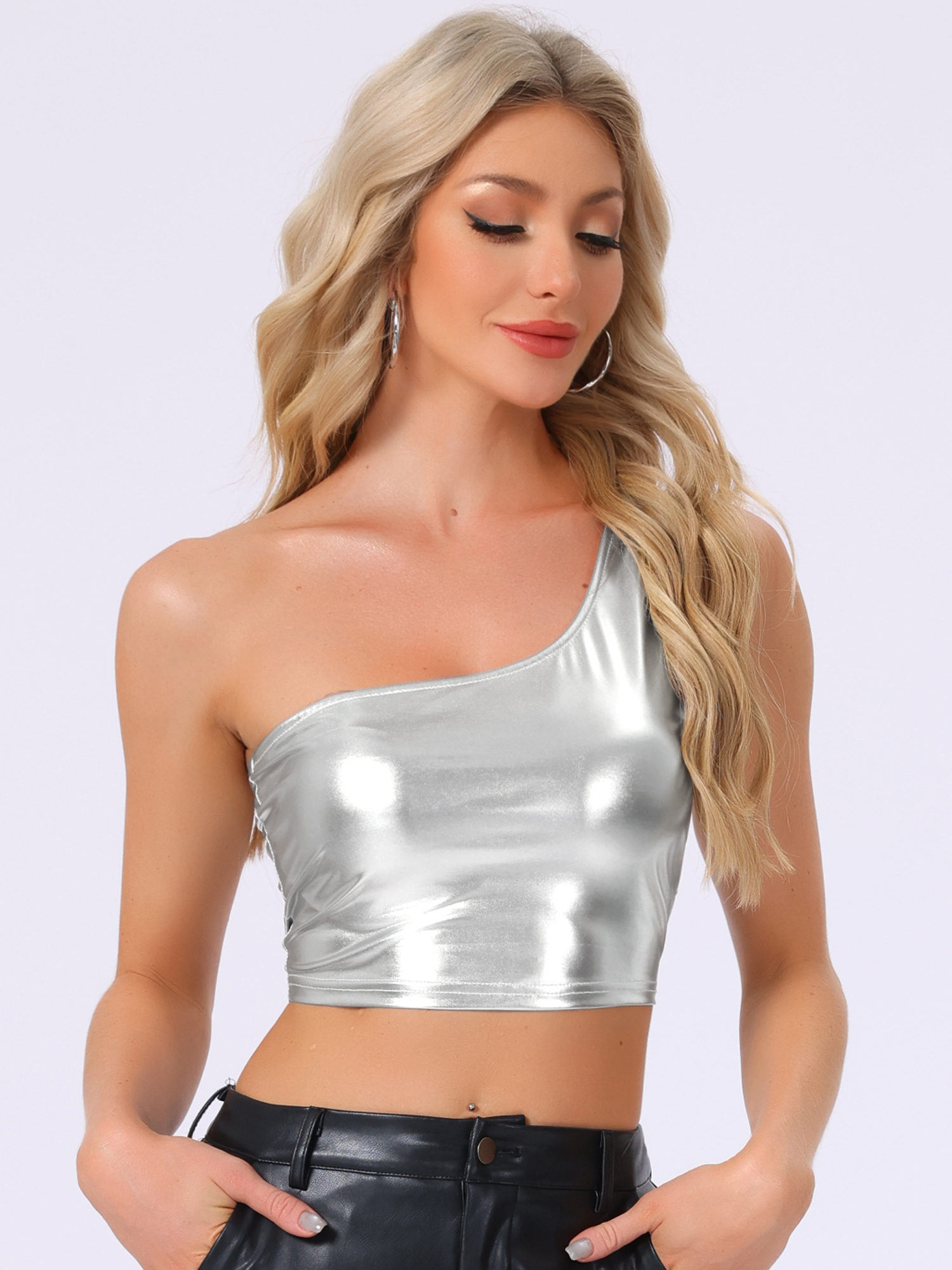 Metallic Cropped Top One Shoulder Party Blouse Light Silver/L