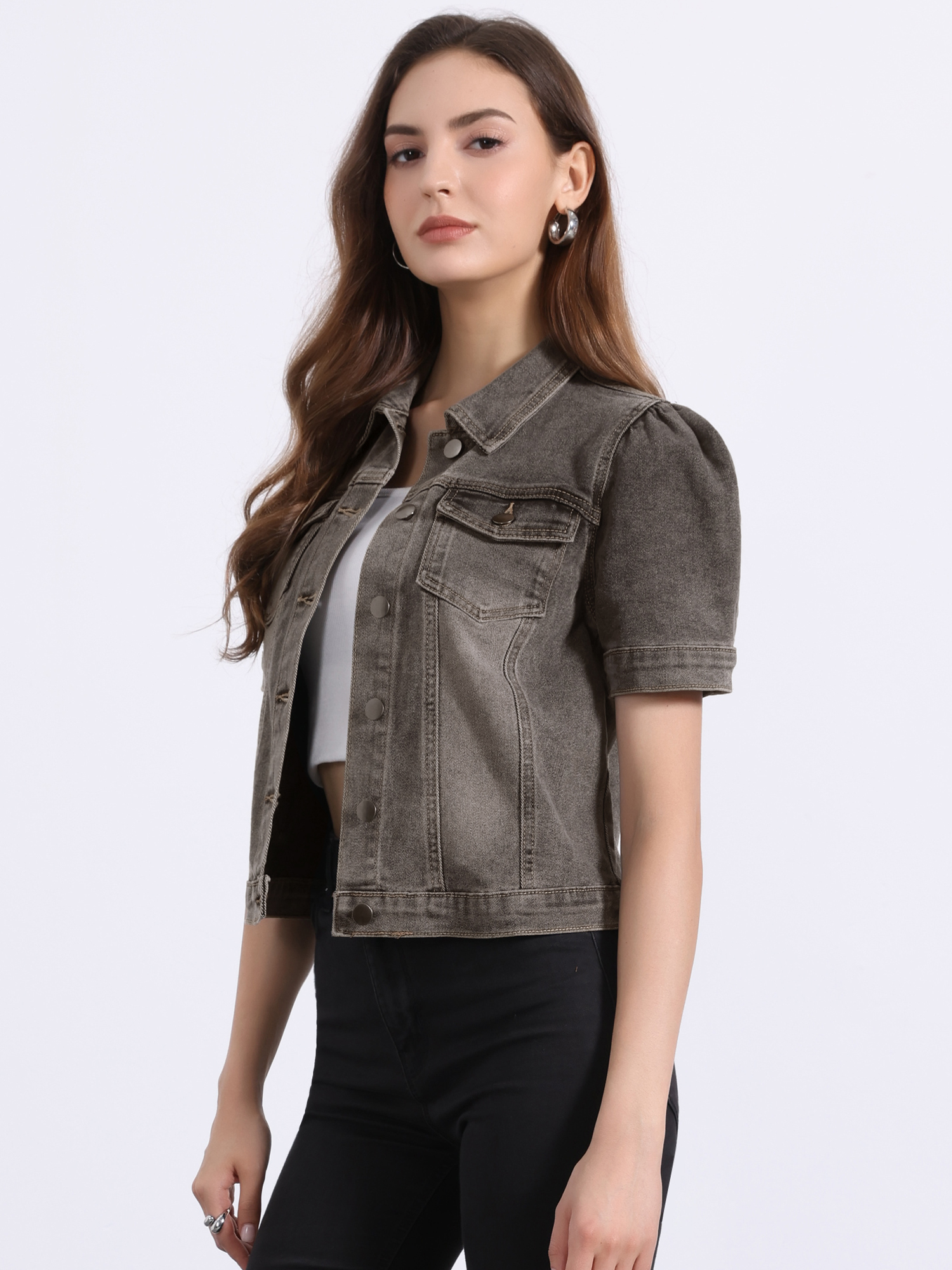 Casual Short Puff Sleeves Button-Down Jean Denim Jacket Grey/XL