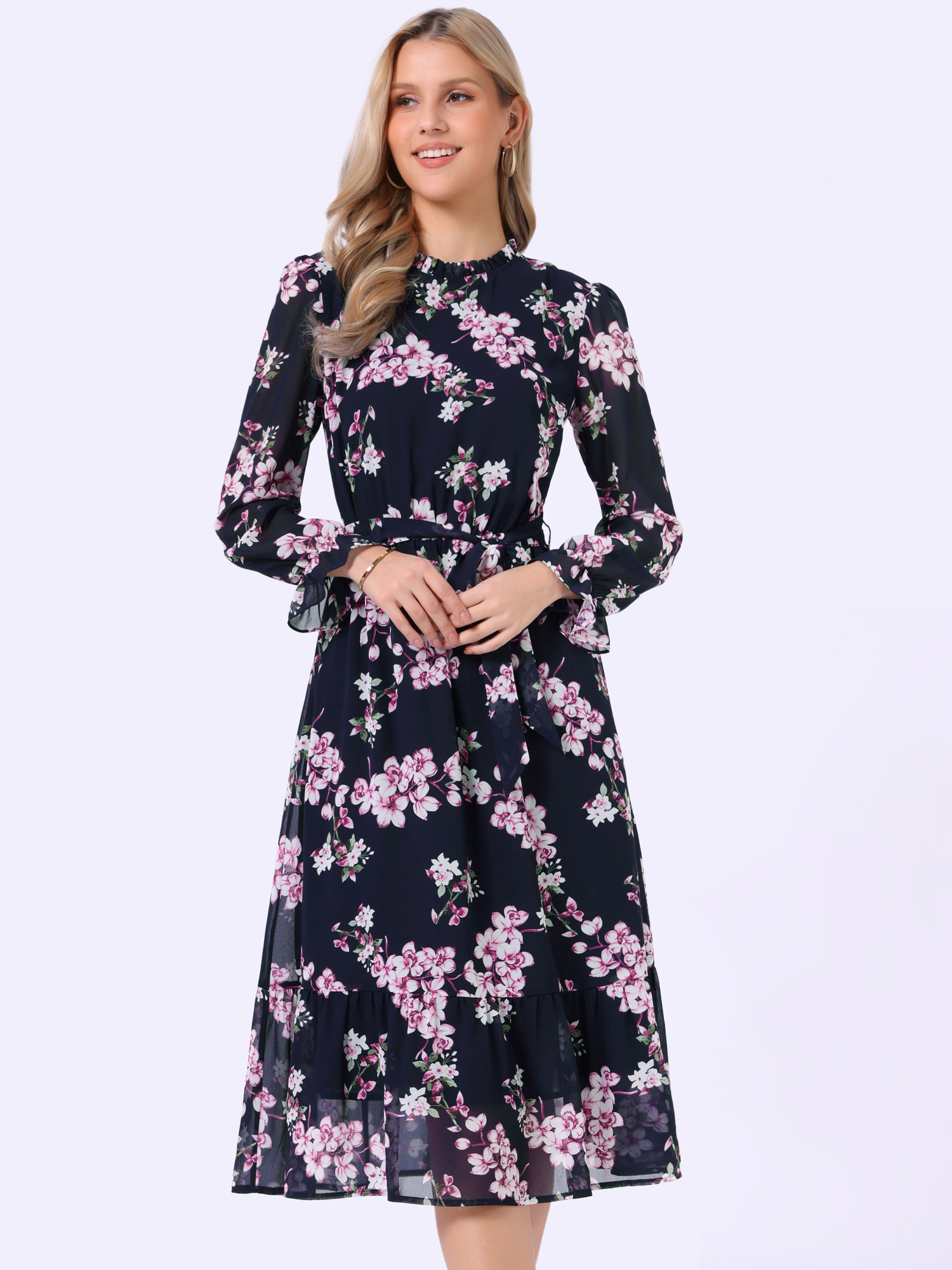 Floral Long Sleeve Belted Flowy Chiffon Midi Dress Dark Blue/XL