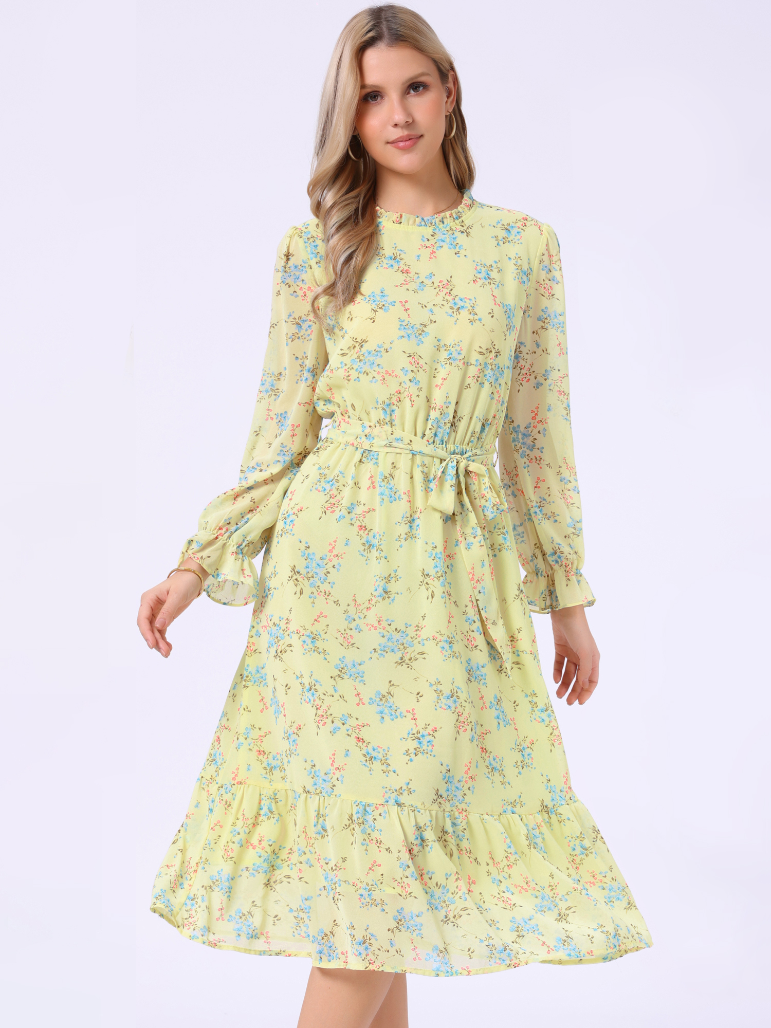 Floral Long Sleeve Belted Flowy Chiffon Midi Dress Yellow/XL