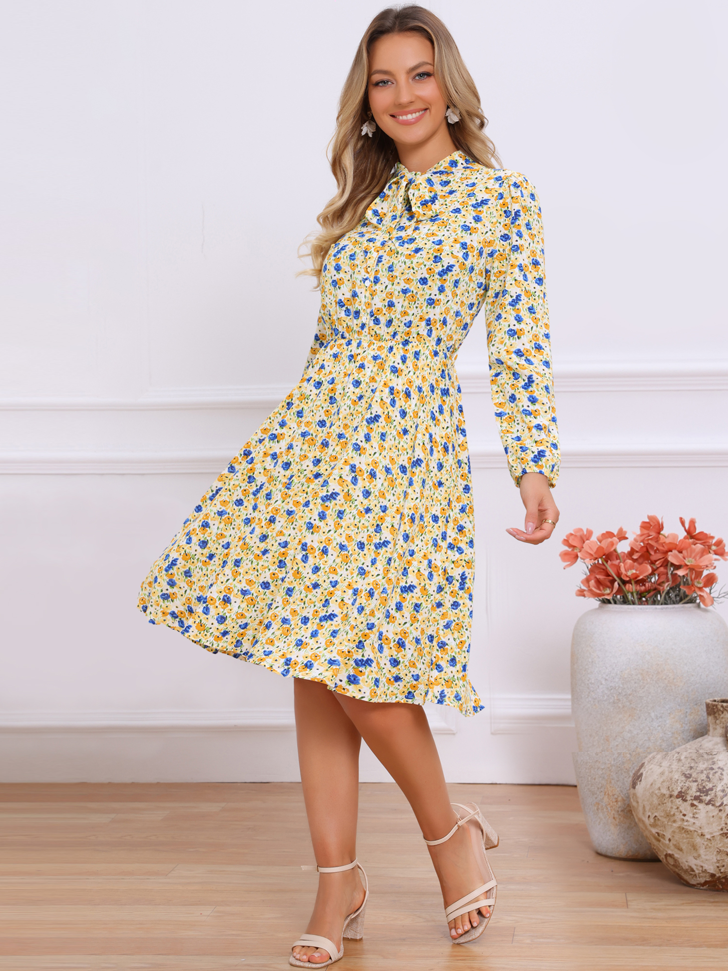 Tie Neck Chiffon Long Sleeve Belted Vintage Floral Dress Brown/M