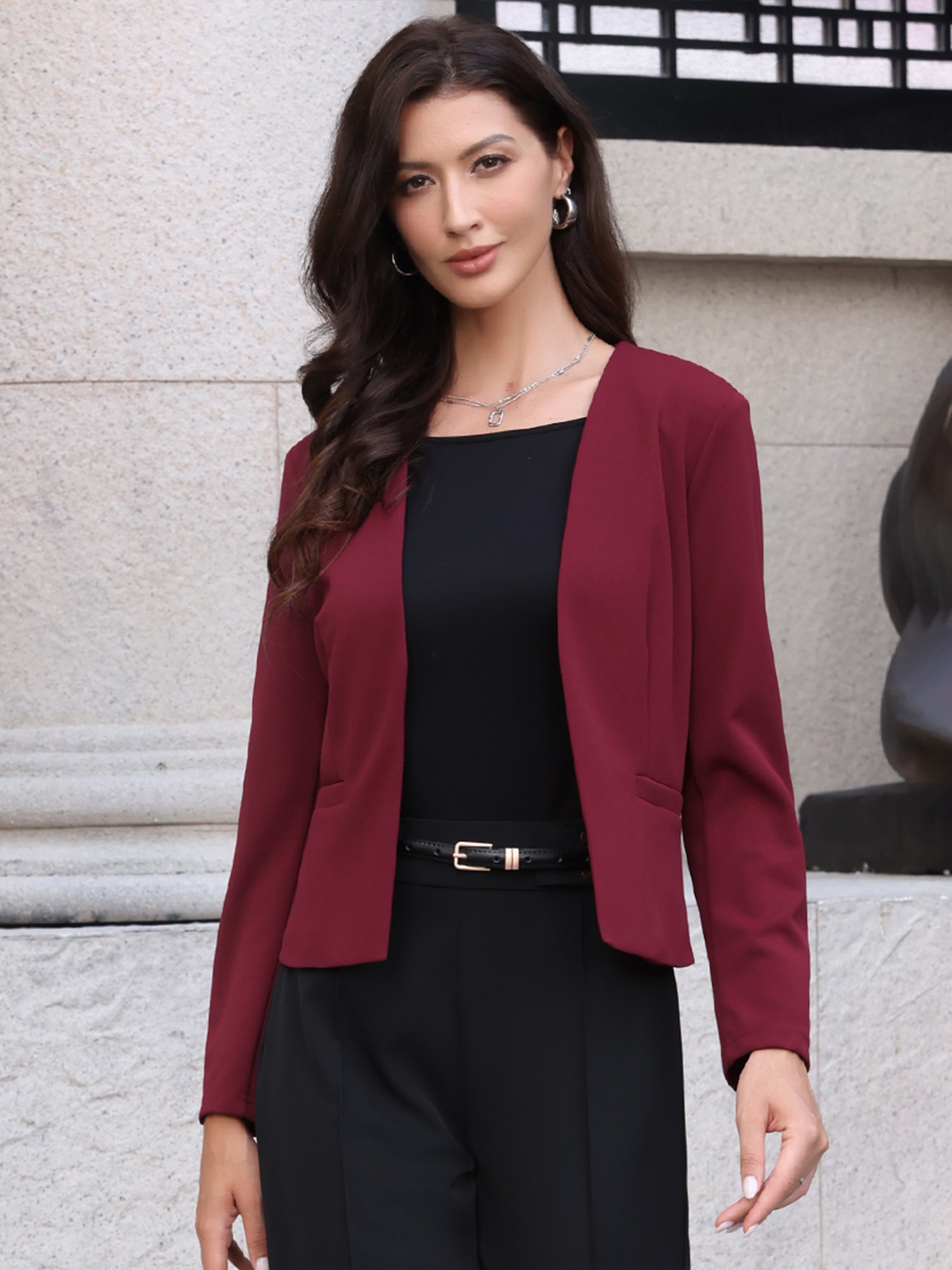 Work Office Long Sleeve Open Front Collarless Blazer Burgundy/XS