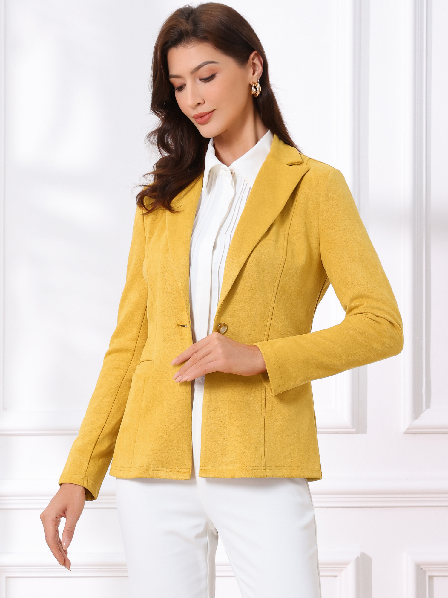 Faux Suede Lapel Collar Long Sleeve Casual Work Office Jacket Yellow/S