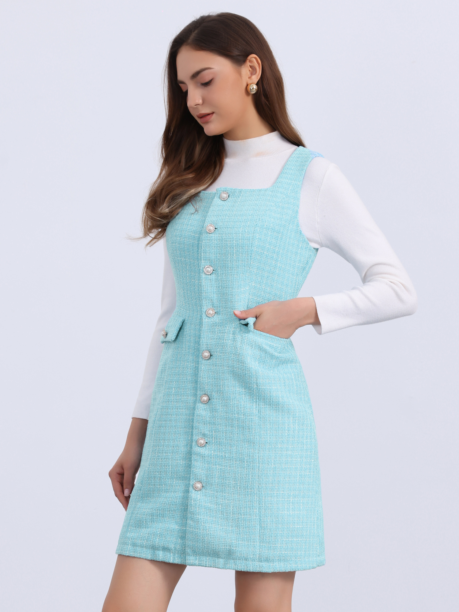 Tweed Sleeveless Button Up Pockets A-Line Pinafore Overall Dress Sky Blue/L