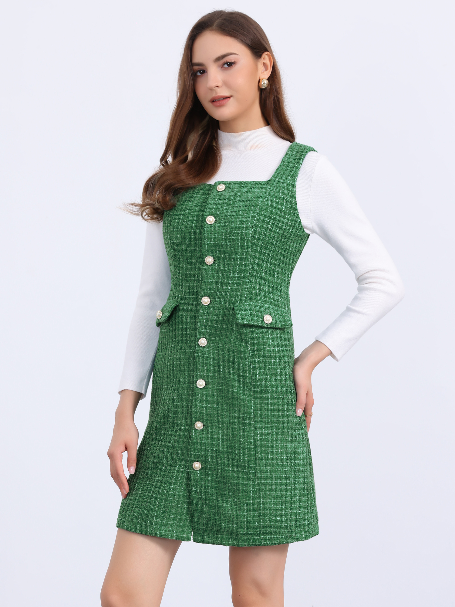 Tweed Sleeveless Button Up Pockets A-Line Pinafore Overall Dress Green/S