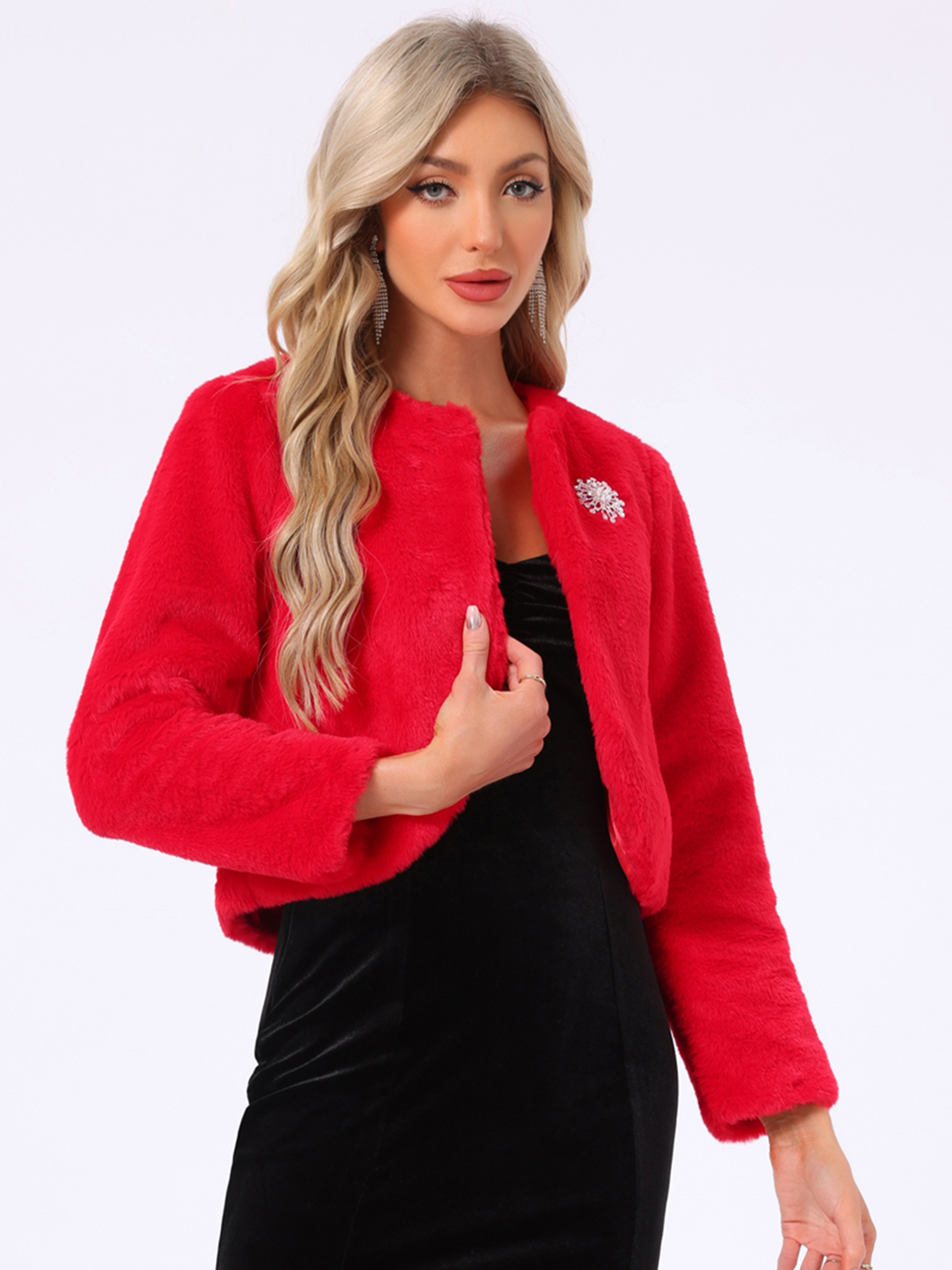 Winter Open Front Long Sleeve Faux Fur Bolero Shrugs Jacket Red/M
