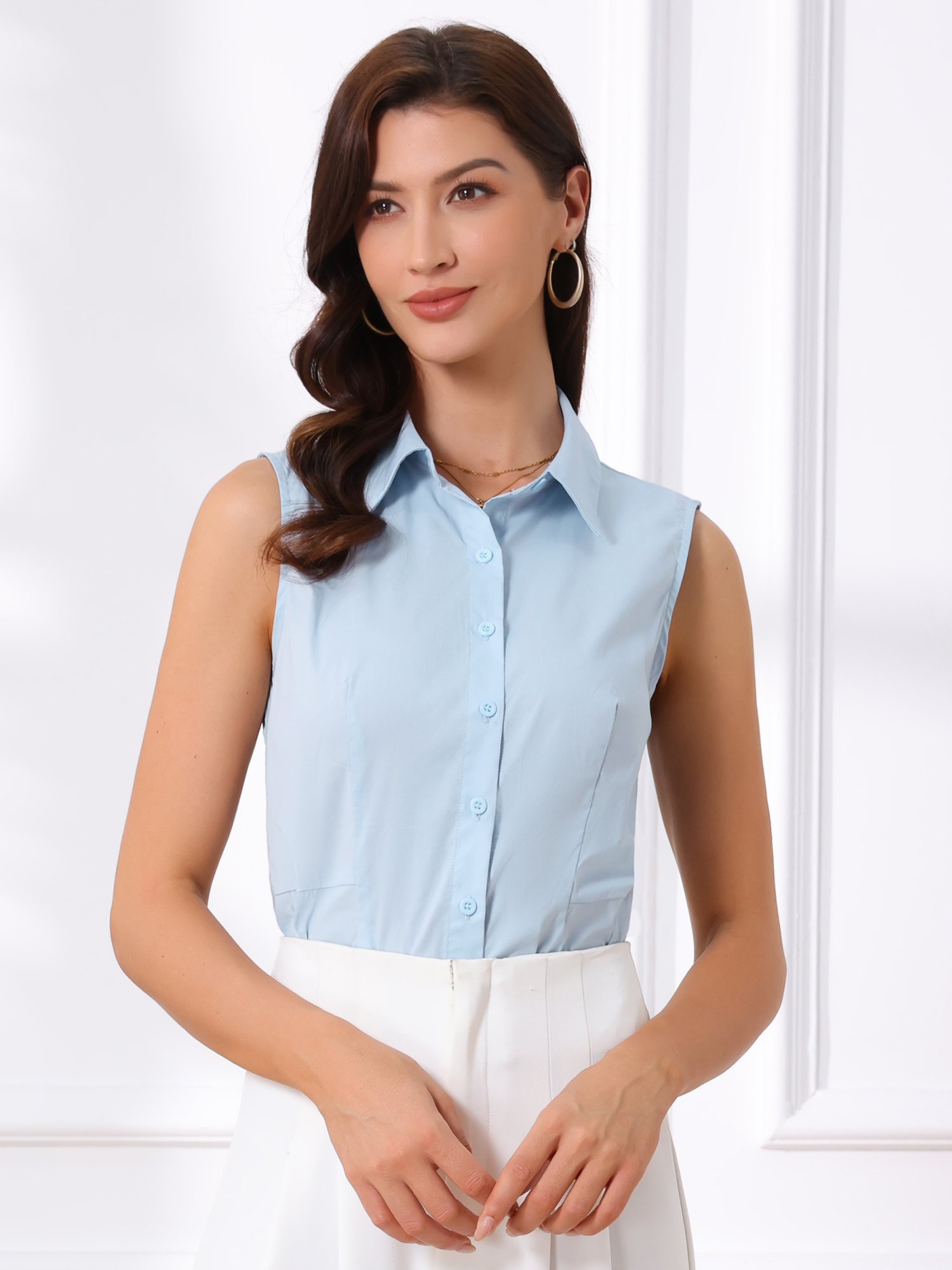 Sleeveless Collared Button Down Leotard Shirt Bodysuit Light Blue/XS