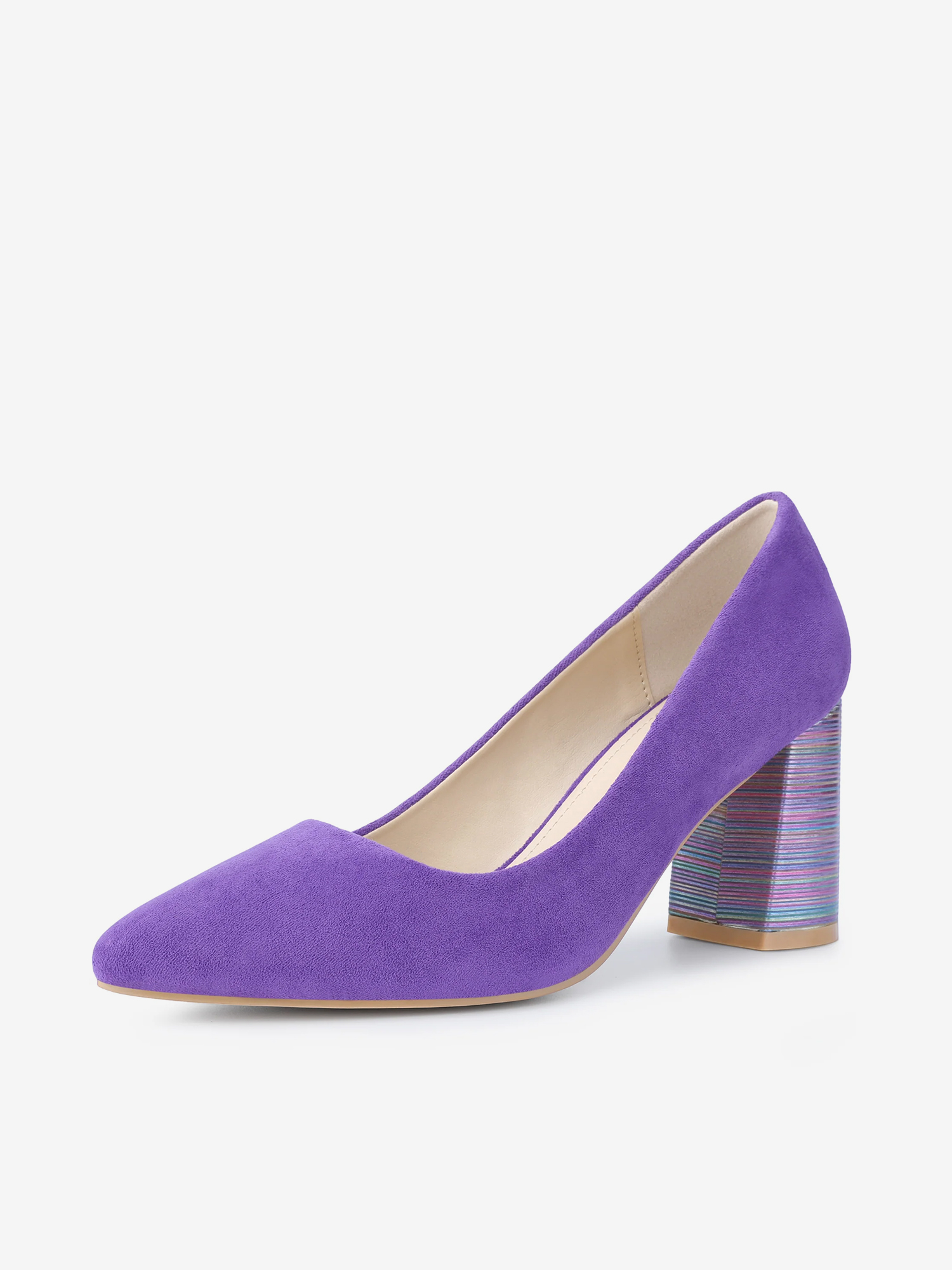 Pointy Toe Slip On Plaid Printing Chunky Heel Pumps Purple/7.5