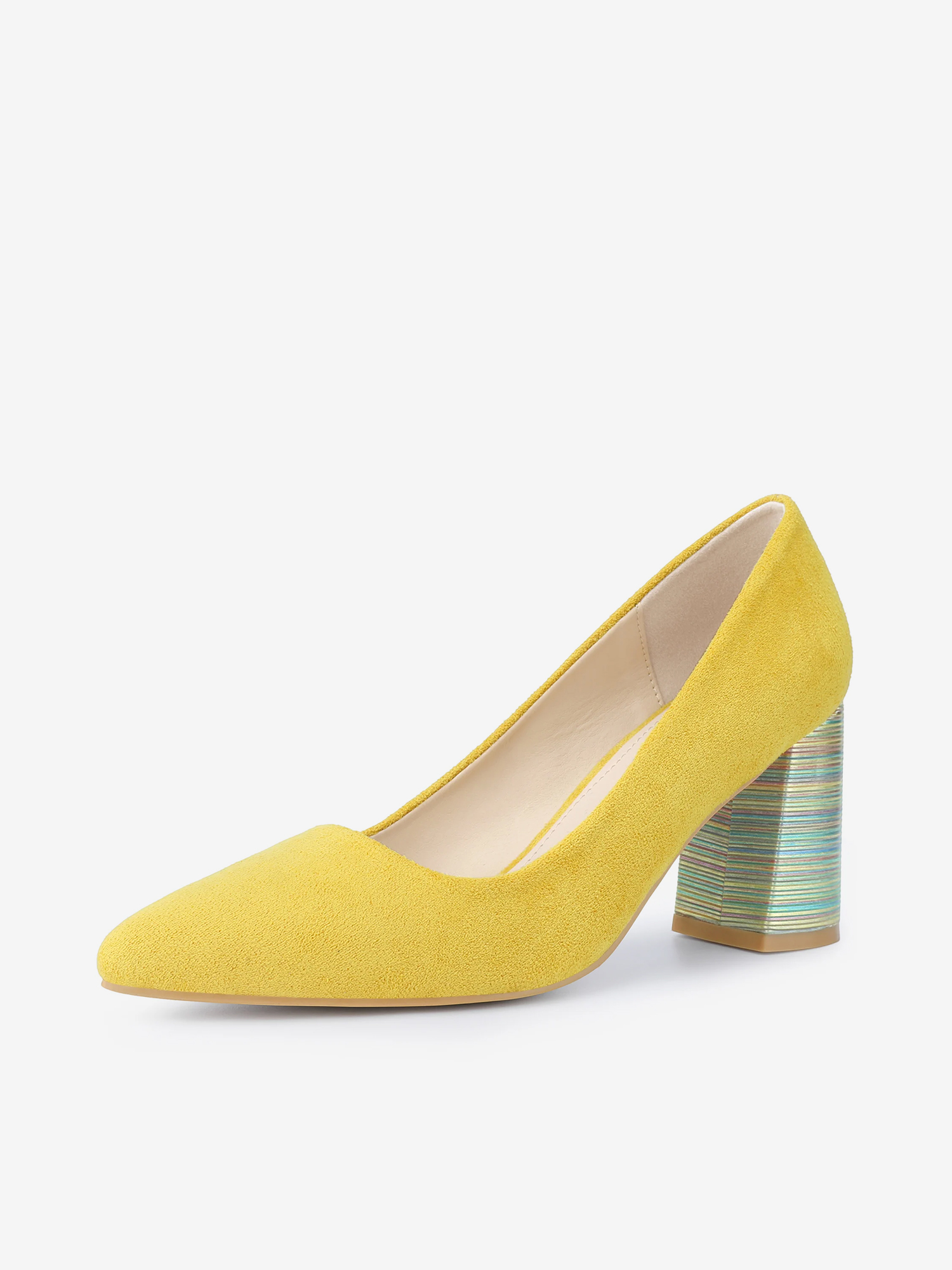 Pointy Toe Slip On Plaid Printing Chunky Heel Pumps Yellow/8.5