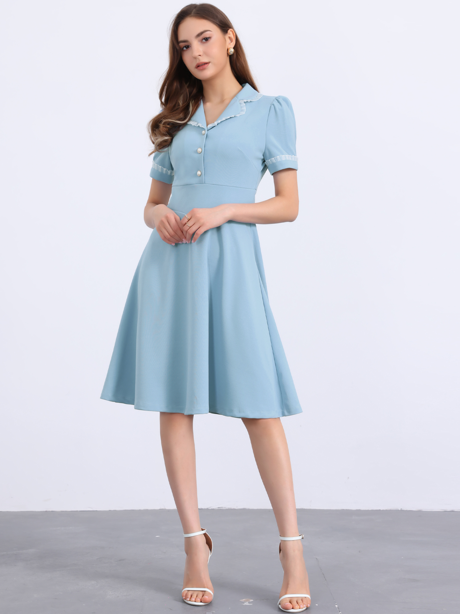 Work Lace Notched Collar Vintage 1950s Short Sleeve Midi Shirt Dress Dusty Blue/XL