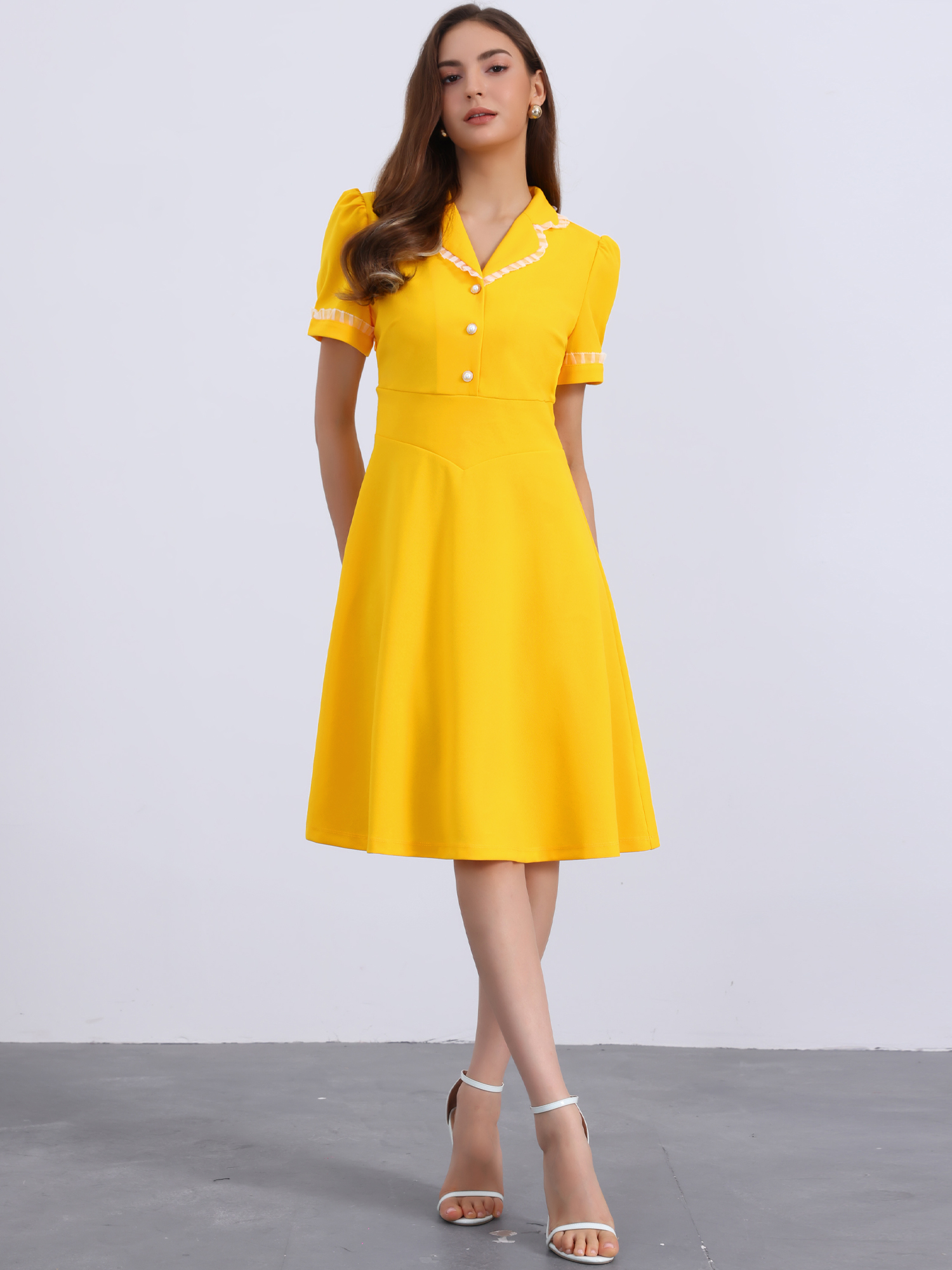 Work Lace Notched Collar Vintage 1950s Short Sleeve Midi Shirt Dress Yellow/XL
