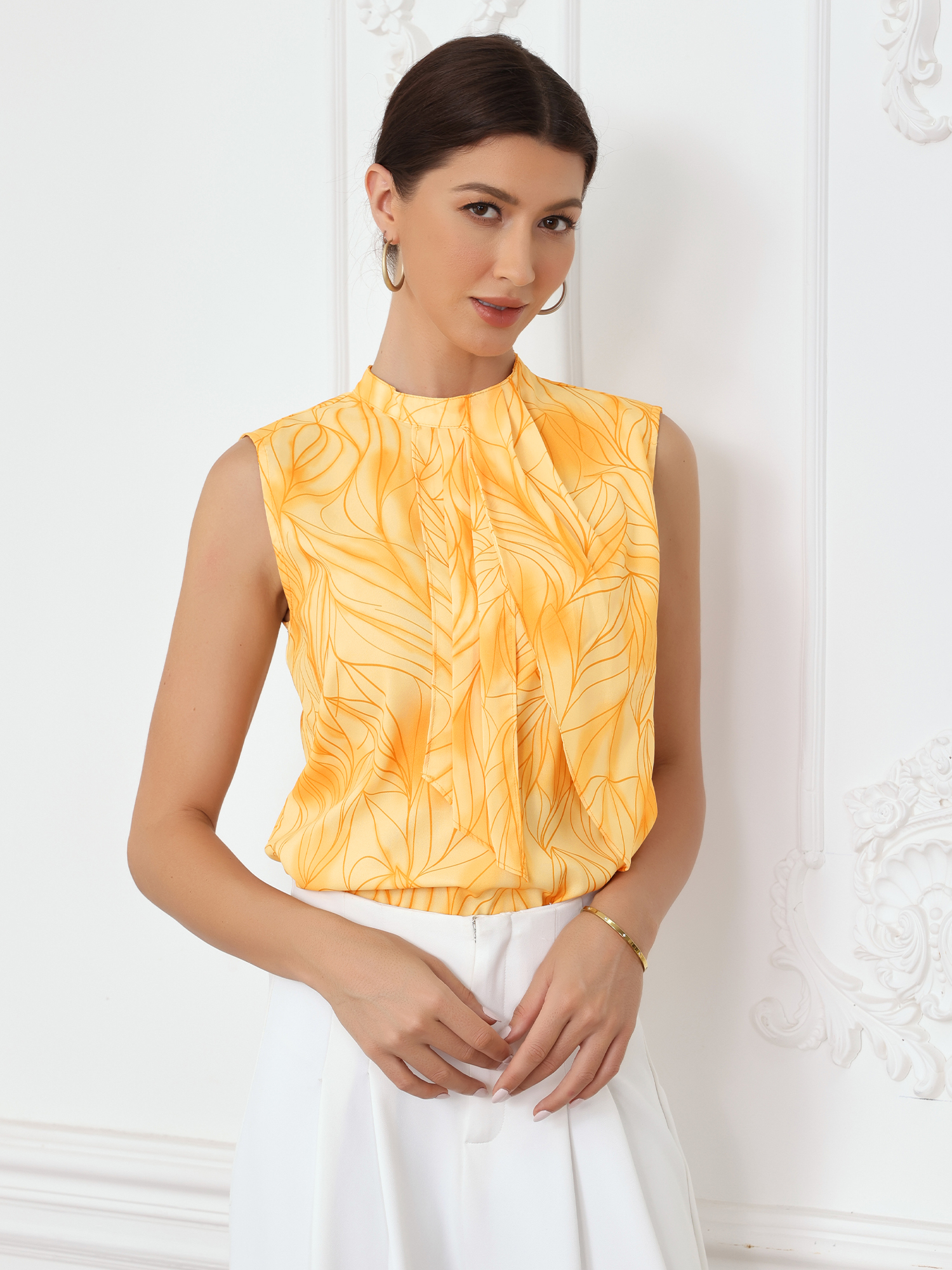 Sleeveless Floral Business Casual Work Blouse Top Yellow/L