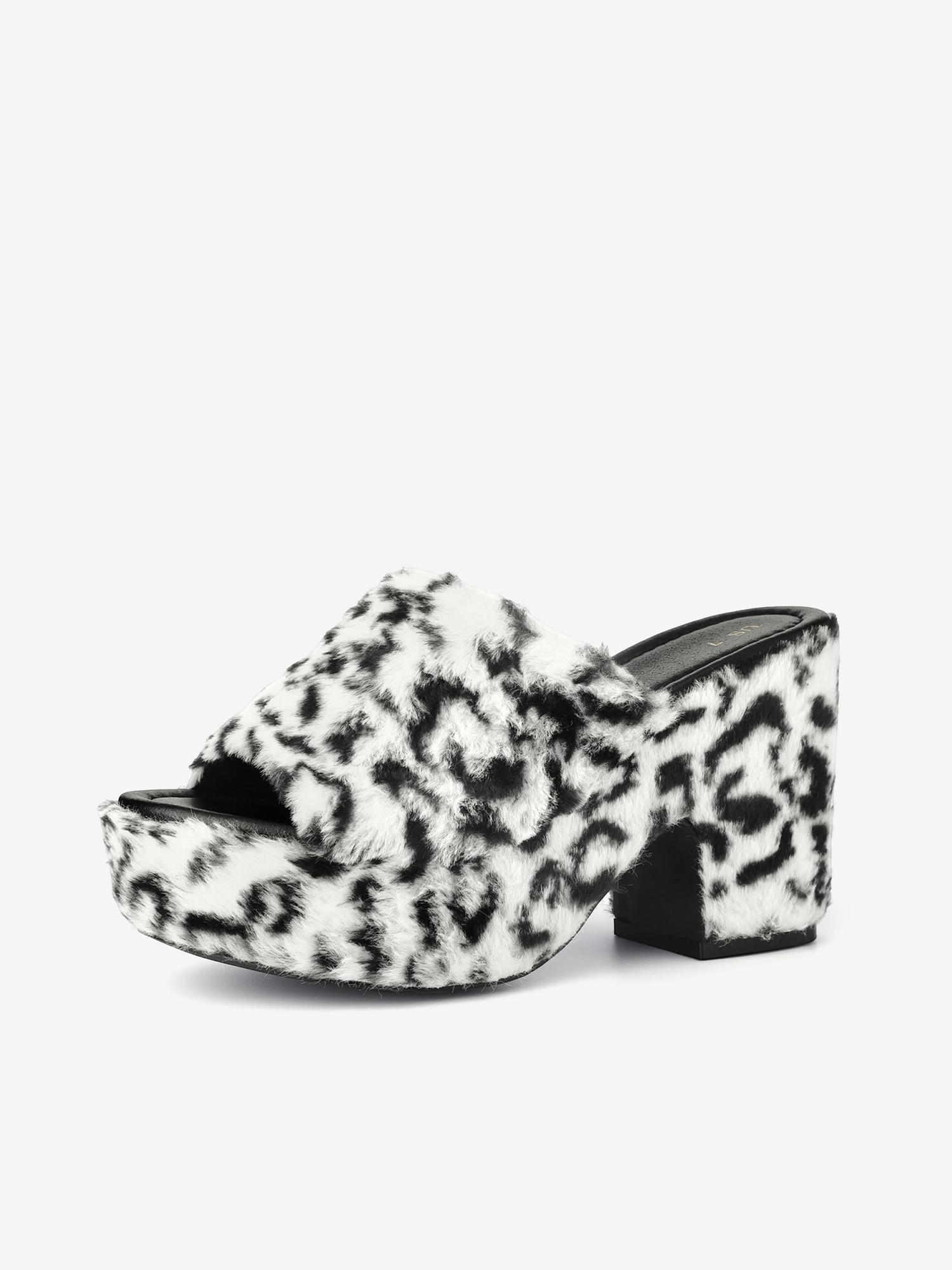 Women's Faux Fur Platform Slides Chunky Heel Sandals Black White/7