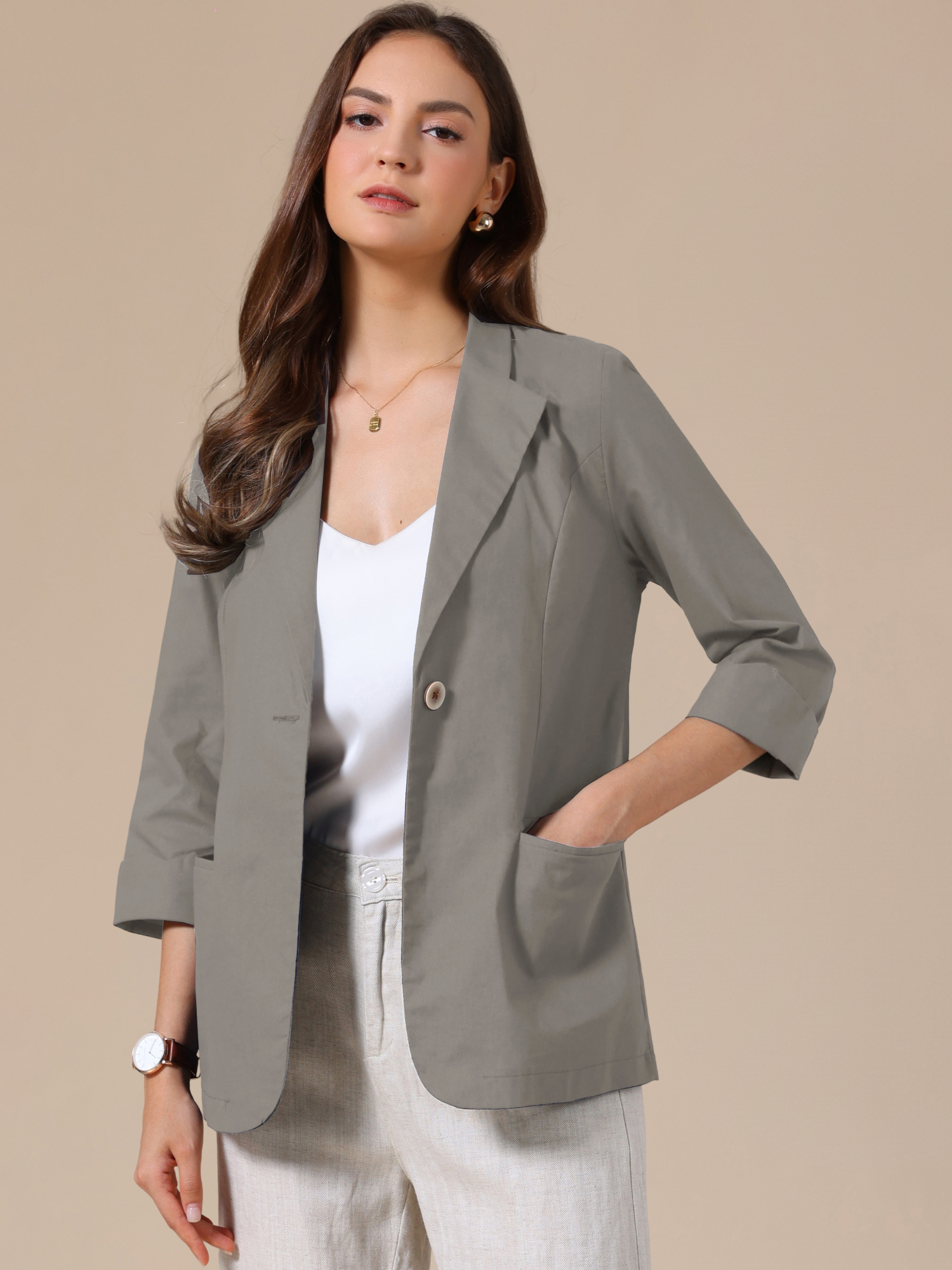 3/4 Sleeve Lightweight Cotton Linen Casual Blazer Grey/M
