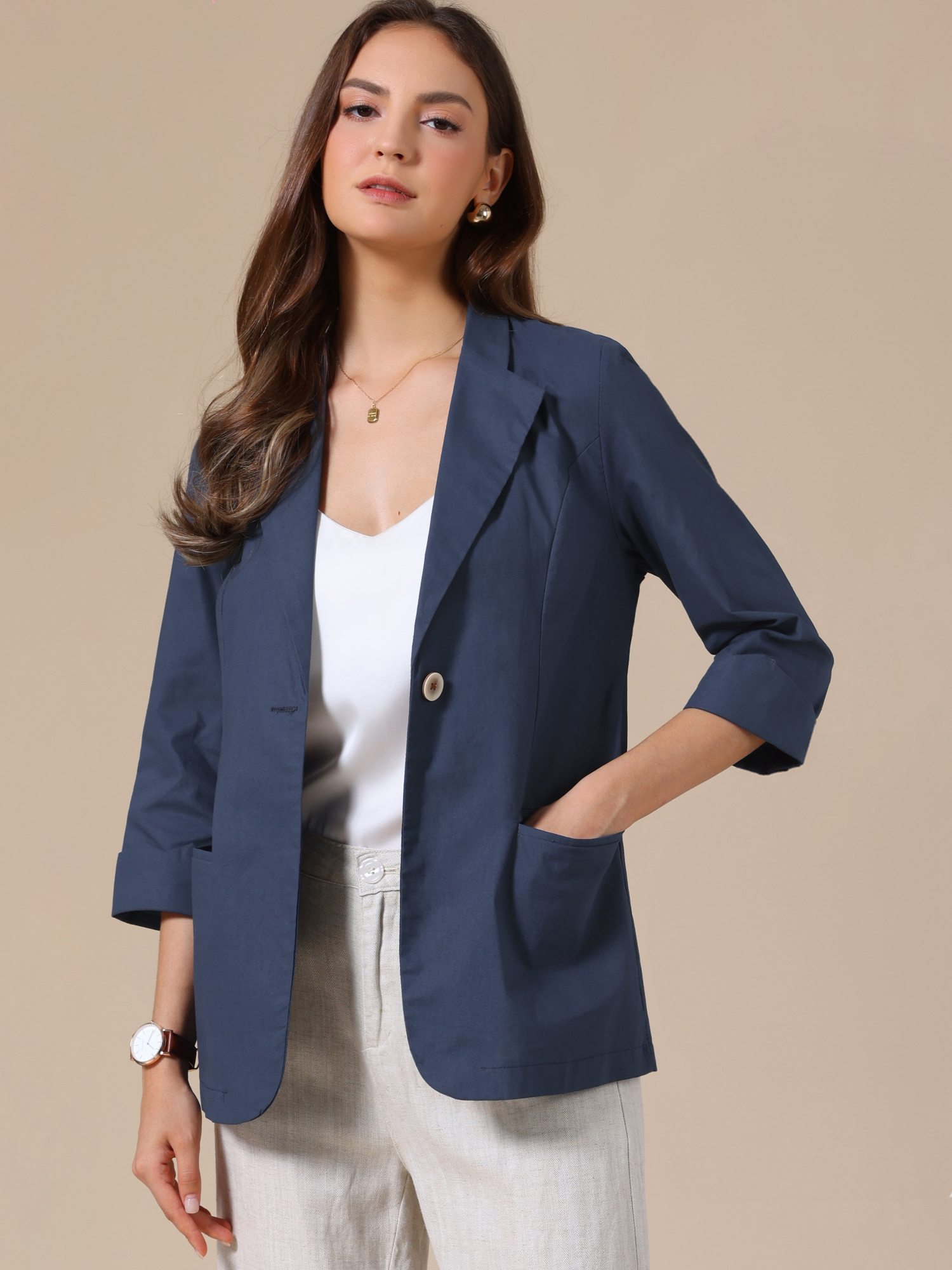 3/4 Sleeve Lightweight Cotton Linen Casual Blazer Navy Blue/2XL