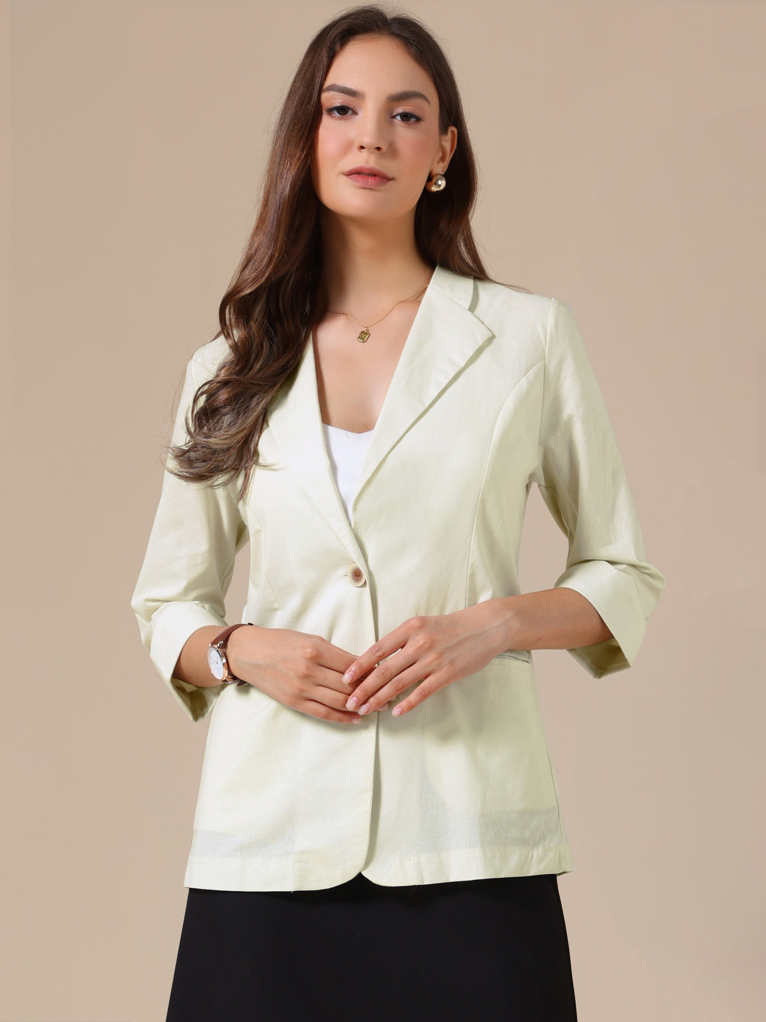 3/4 Sleeve Lightweight Cotton Linen Casual Blazer Beige/M