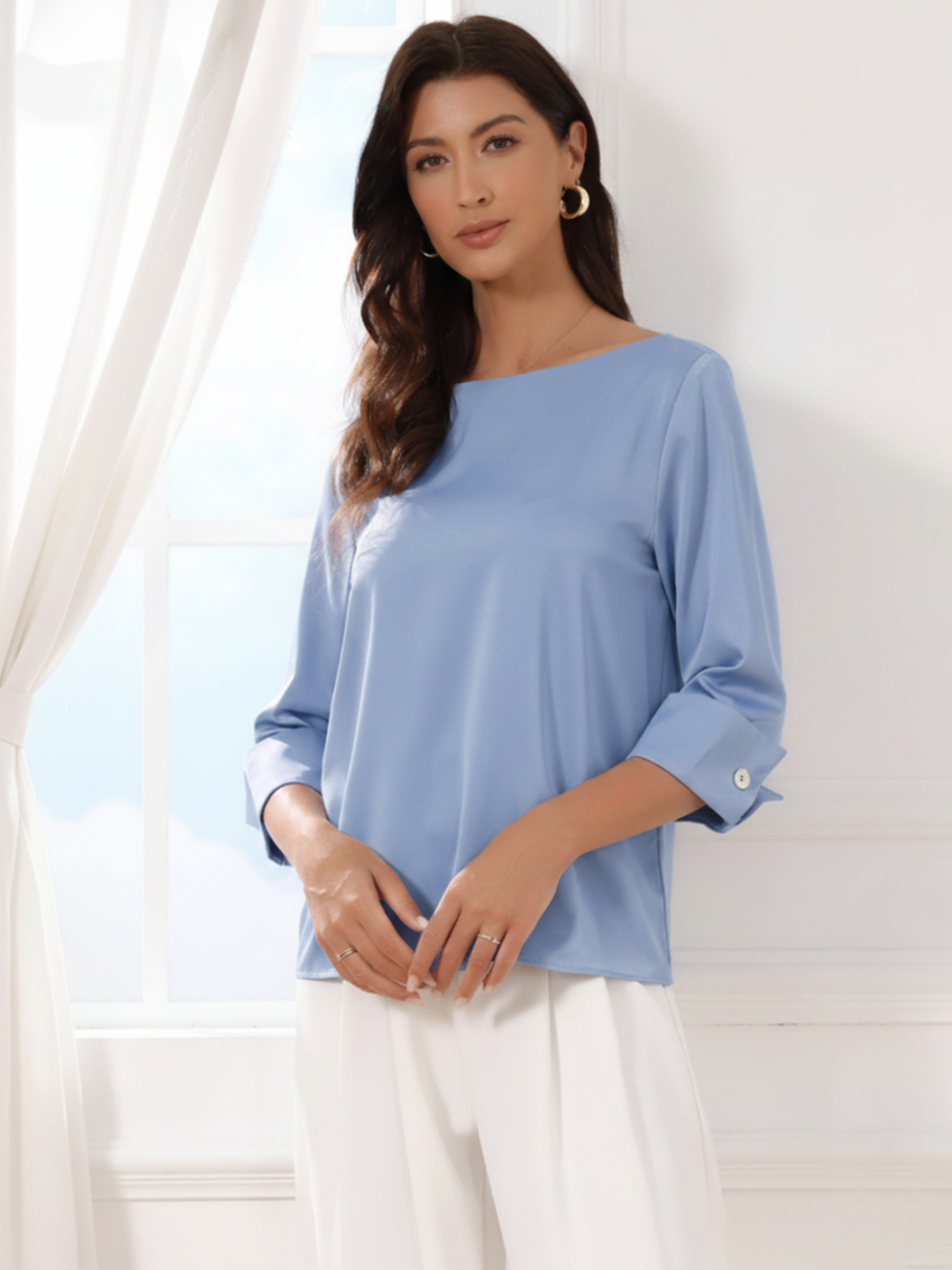Dressy Casual Boat Neck 3/4 Sleeve Work Satin Blouse Blue/XL