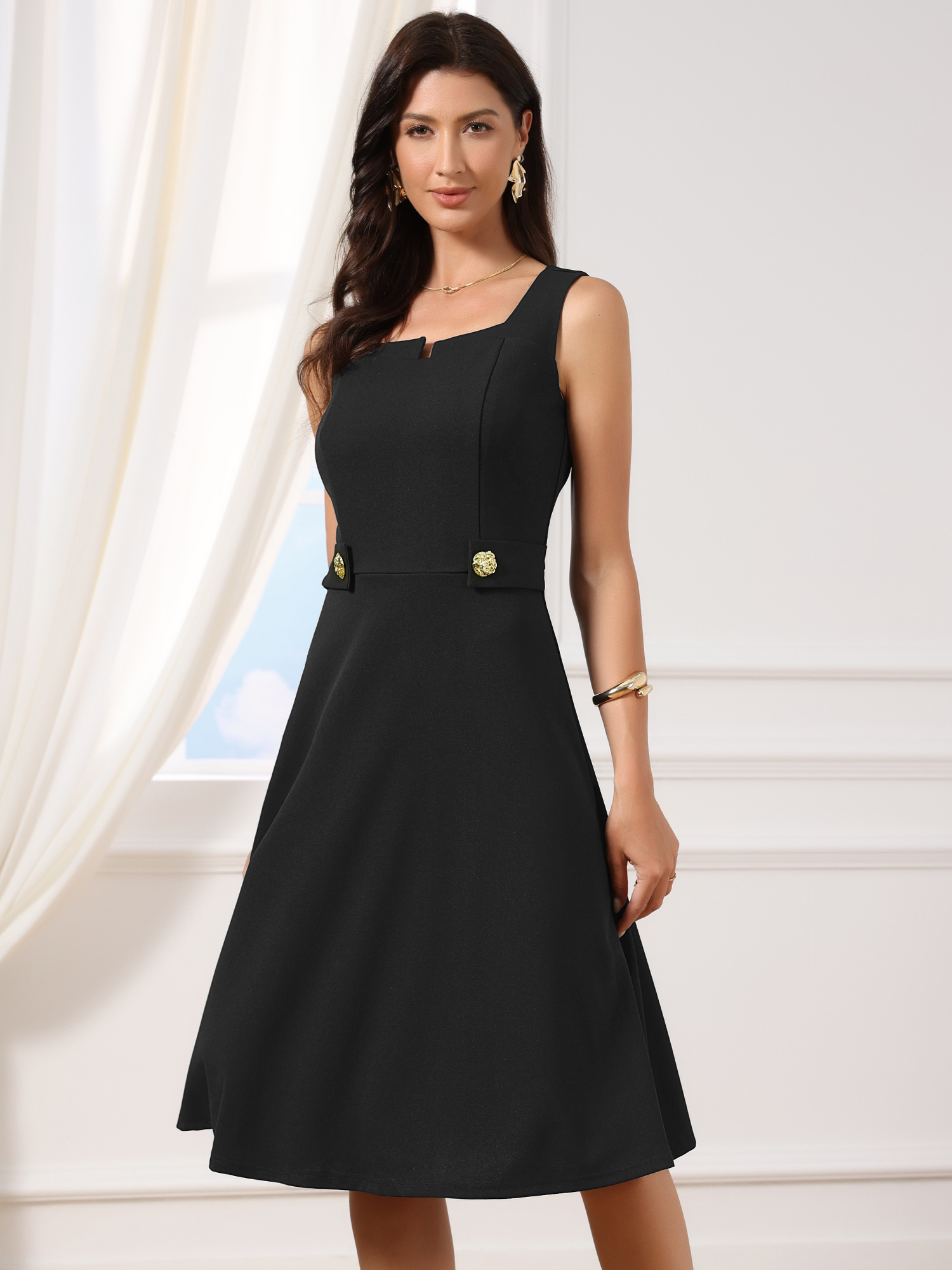 Square Neck Sleeveless Office Formal Work A-Line Dress Black/XS