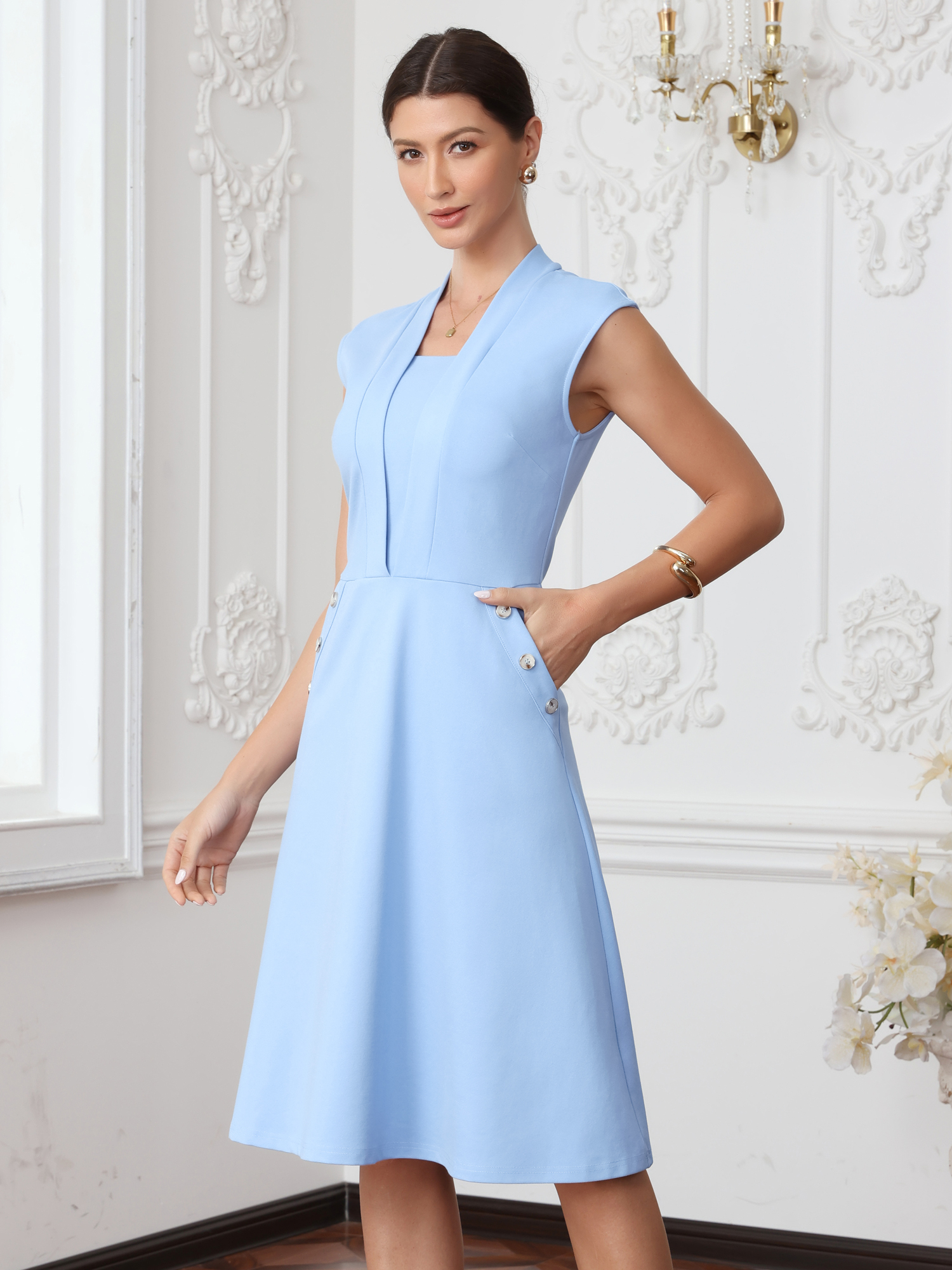 Cap Sleeve Pockets Midi Length Office Work Dress Light Blue/XS