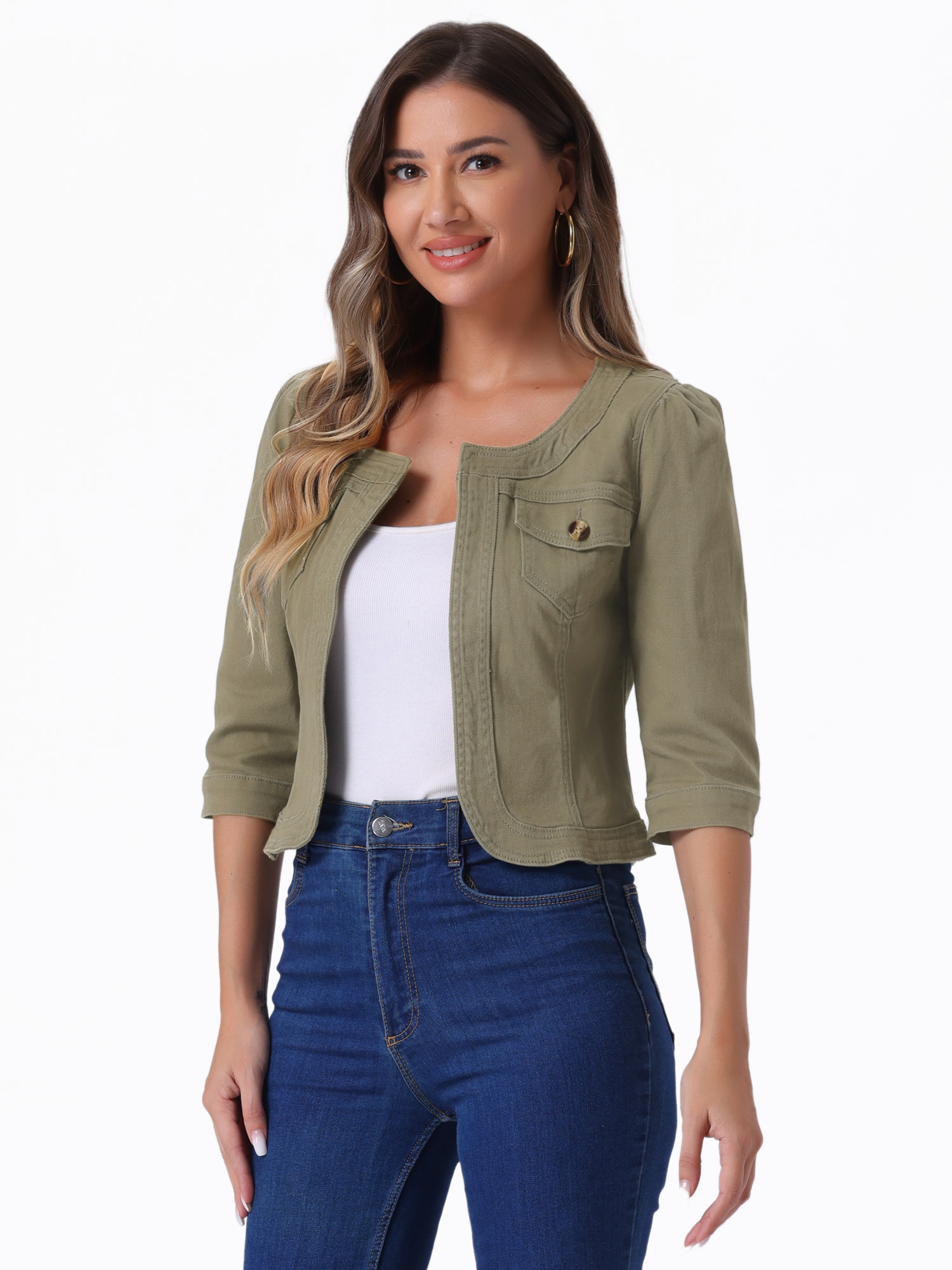 Collarless Pockets 3/4 Sleeve Feminine Style Denim Jacket Field Grey/M