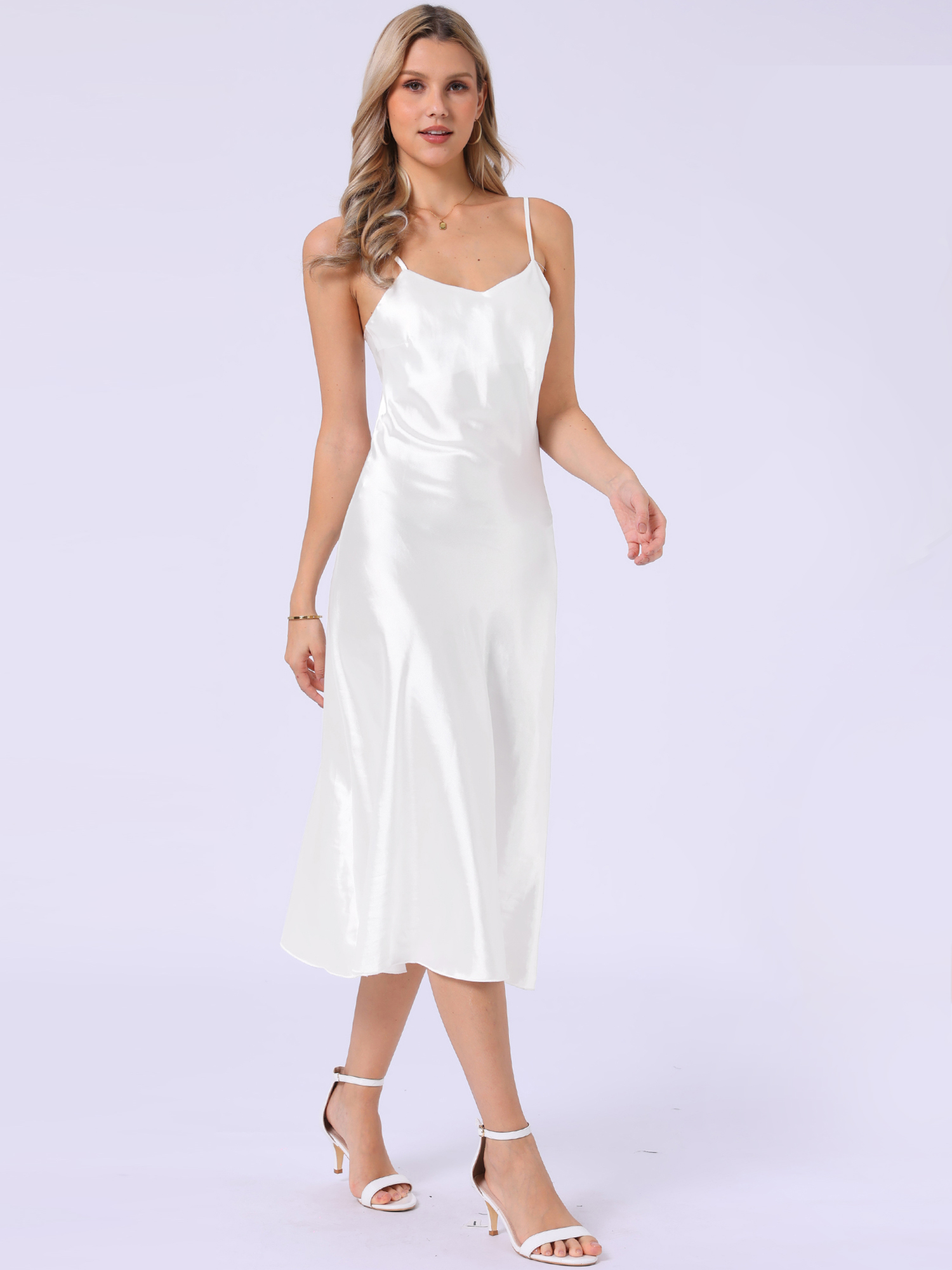 Satin Sleeveless Spaghetti Strap Maxi Dress White/M