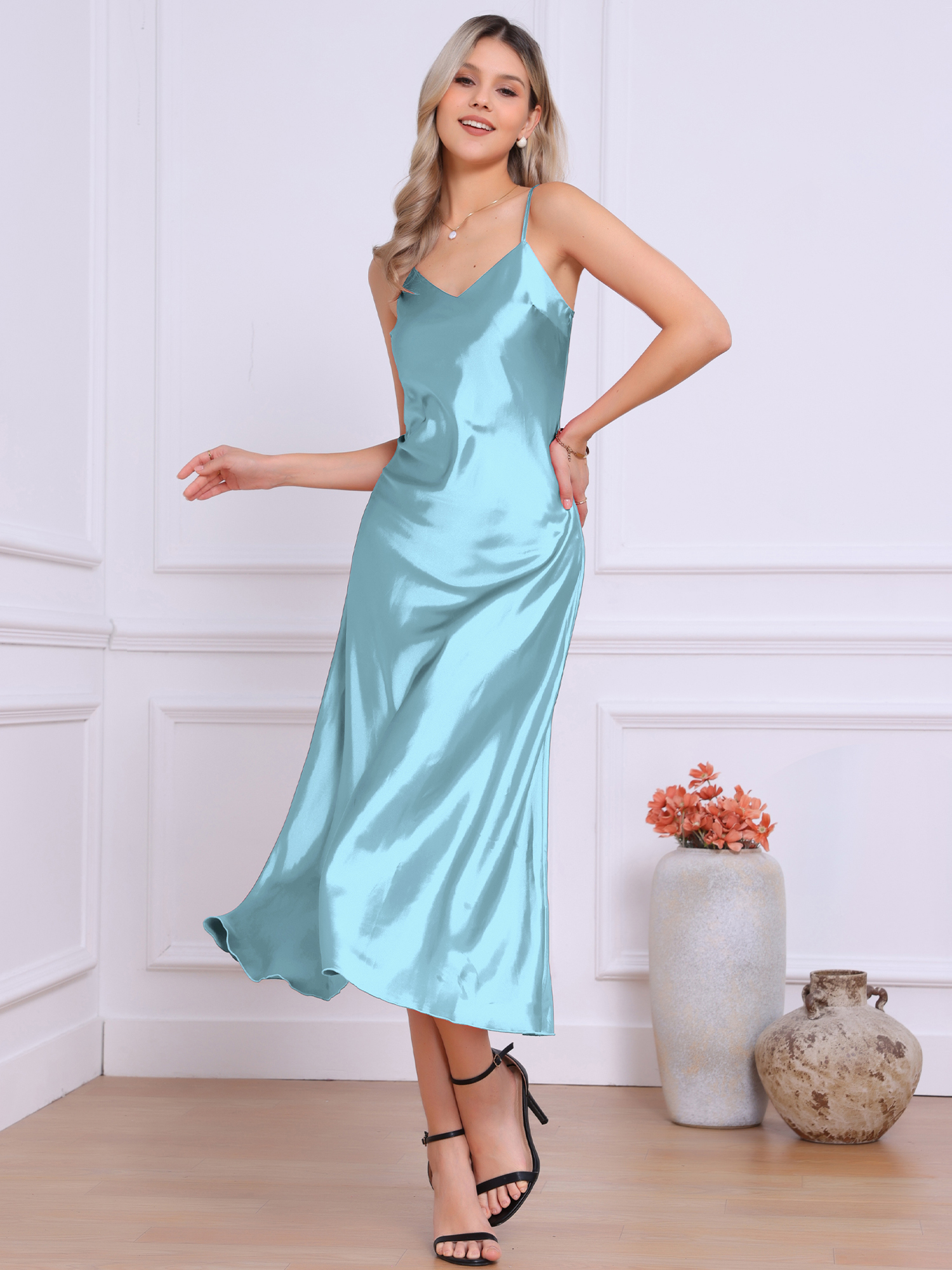Satin Sleeveless Spaghetti Strap Maxi Dress Light Blue/S