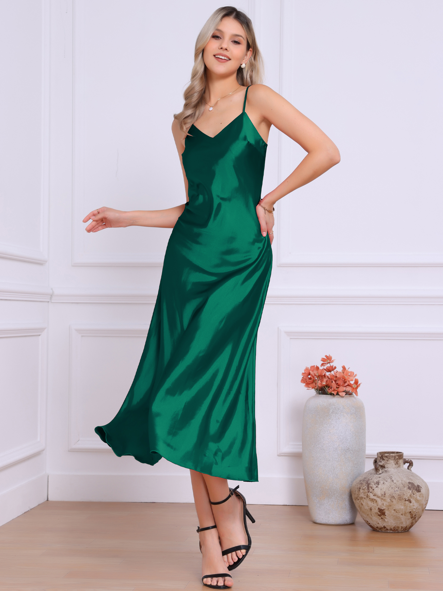 Satin Sleeveless Spaghetti Strap Maxi Dress Peacock Blue/XL