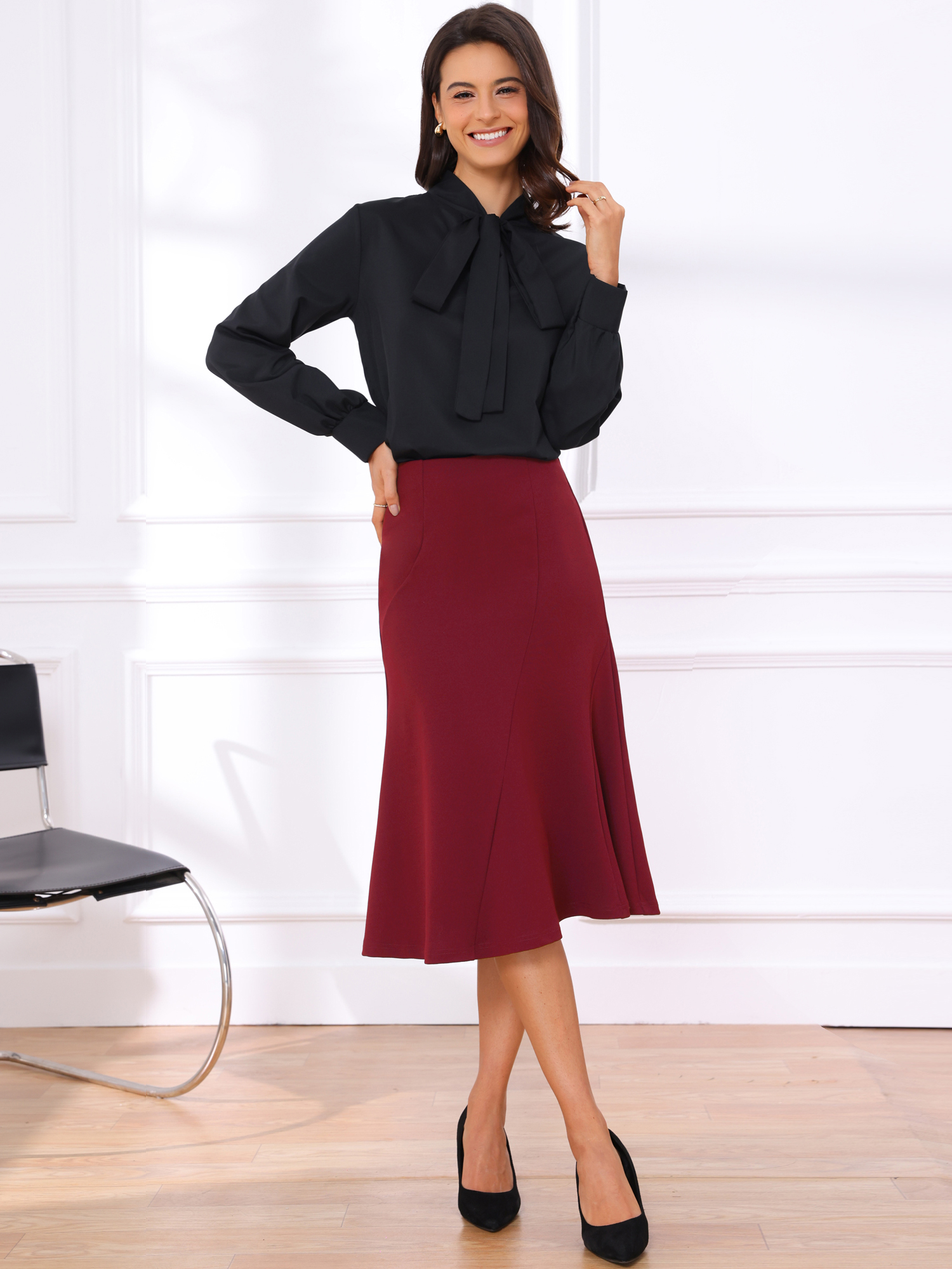 Solid Color Business Casual Midi High Waisted Flared Skirt Red/XL