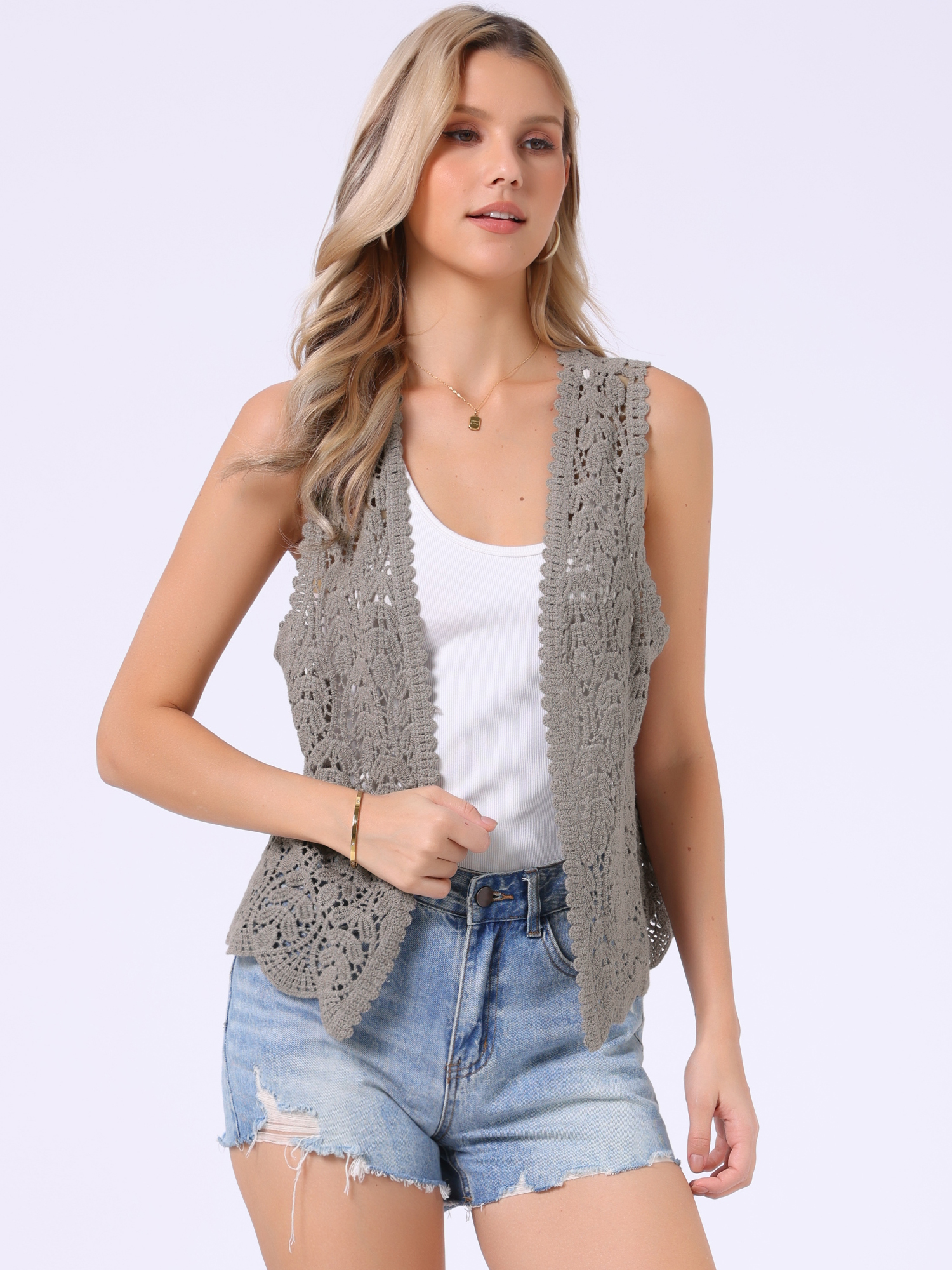 Floral Crochet Hollow Out Sleeveless Open Front Boho Vest Cardigan Light Grey/M