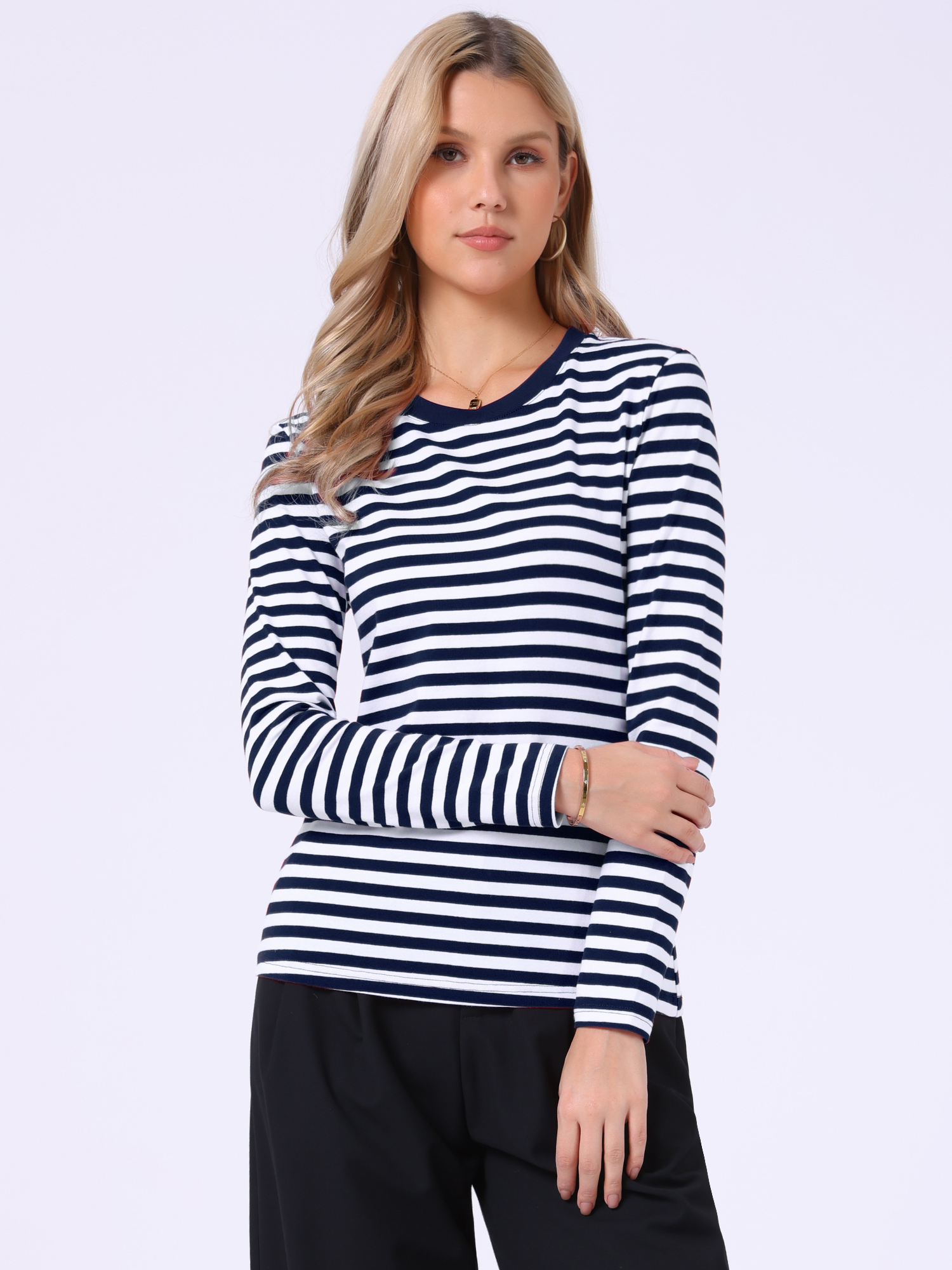 Striped Long Sleeve Crew Neck Casual Tops Navy Blue Stripe/M