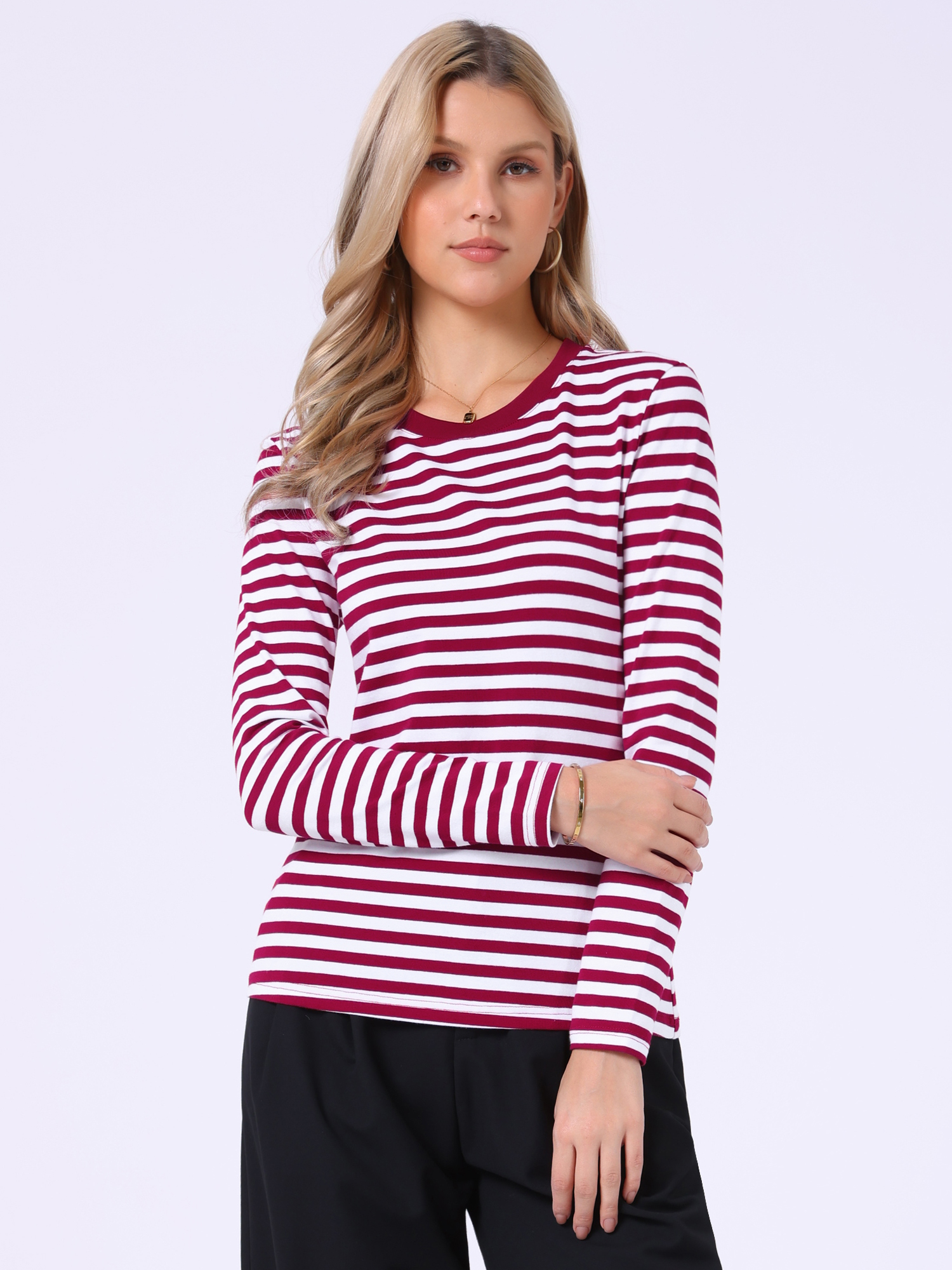 Striped Long Sleeve Crew Neck Casual Tops Deep Red Stripe/L