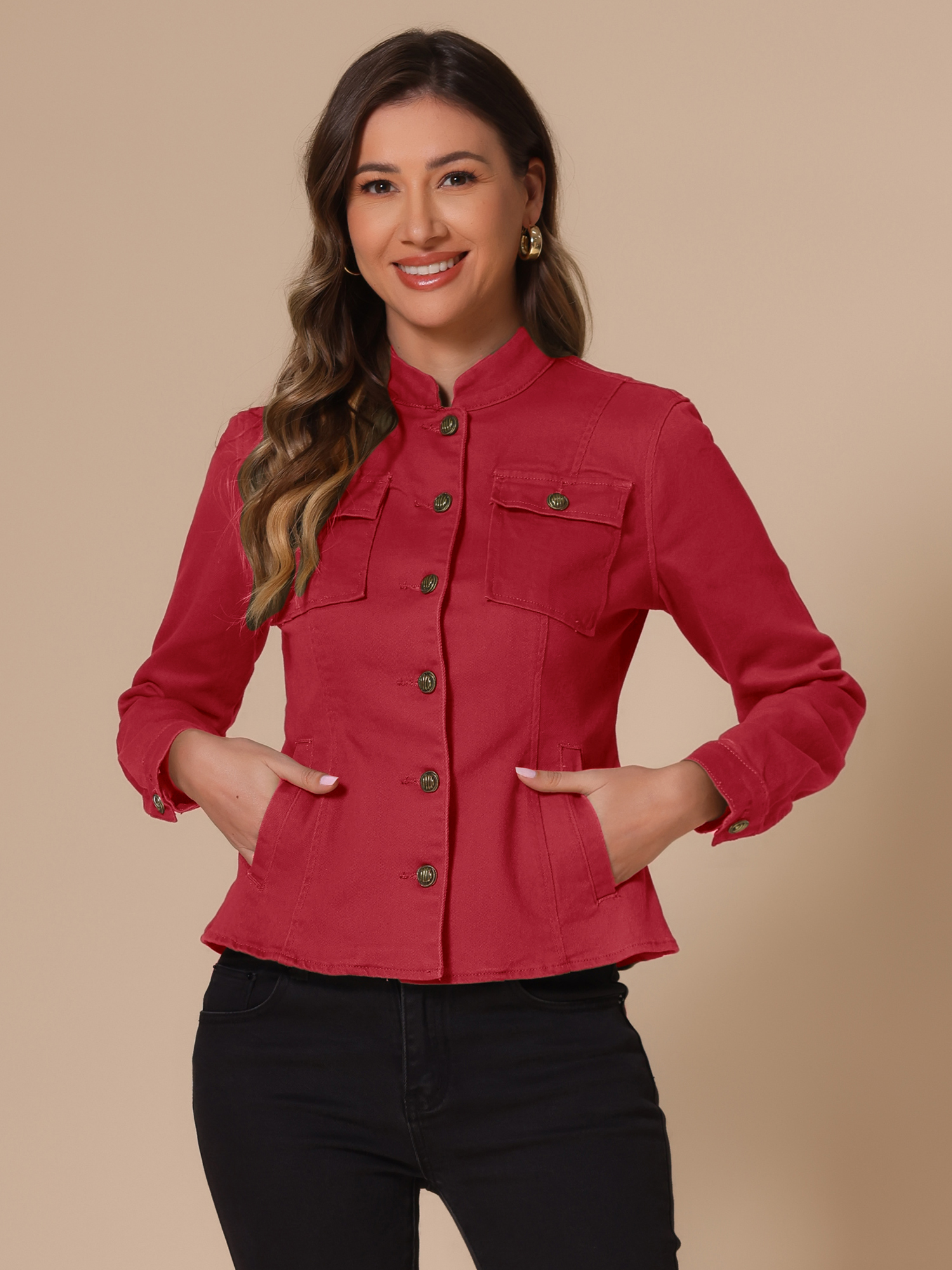 Denim Classic Stand Collar Long Sleeve Jean Jacket Red/L