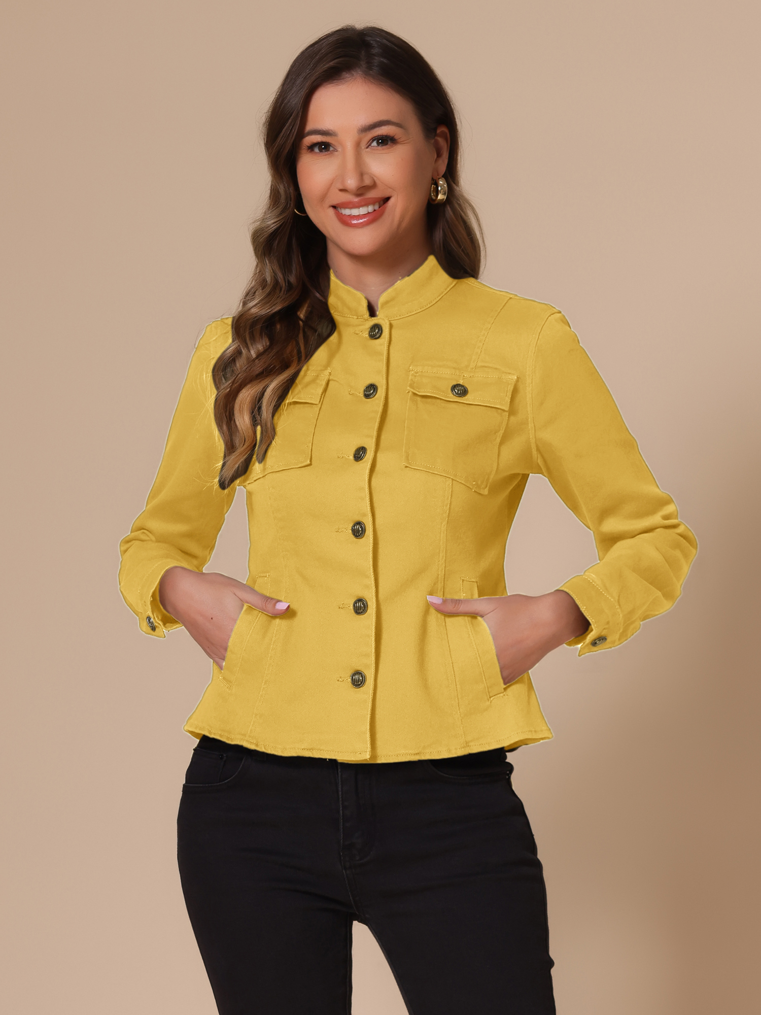 Denim Classic Stand Collar Long Sleeve Jean Jacket Yellow/S