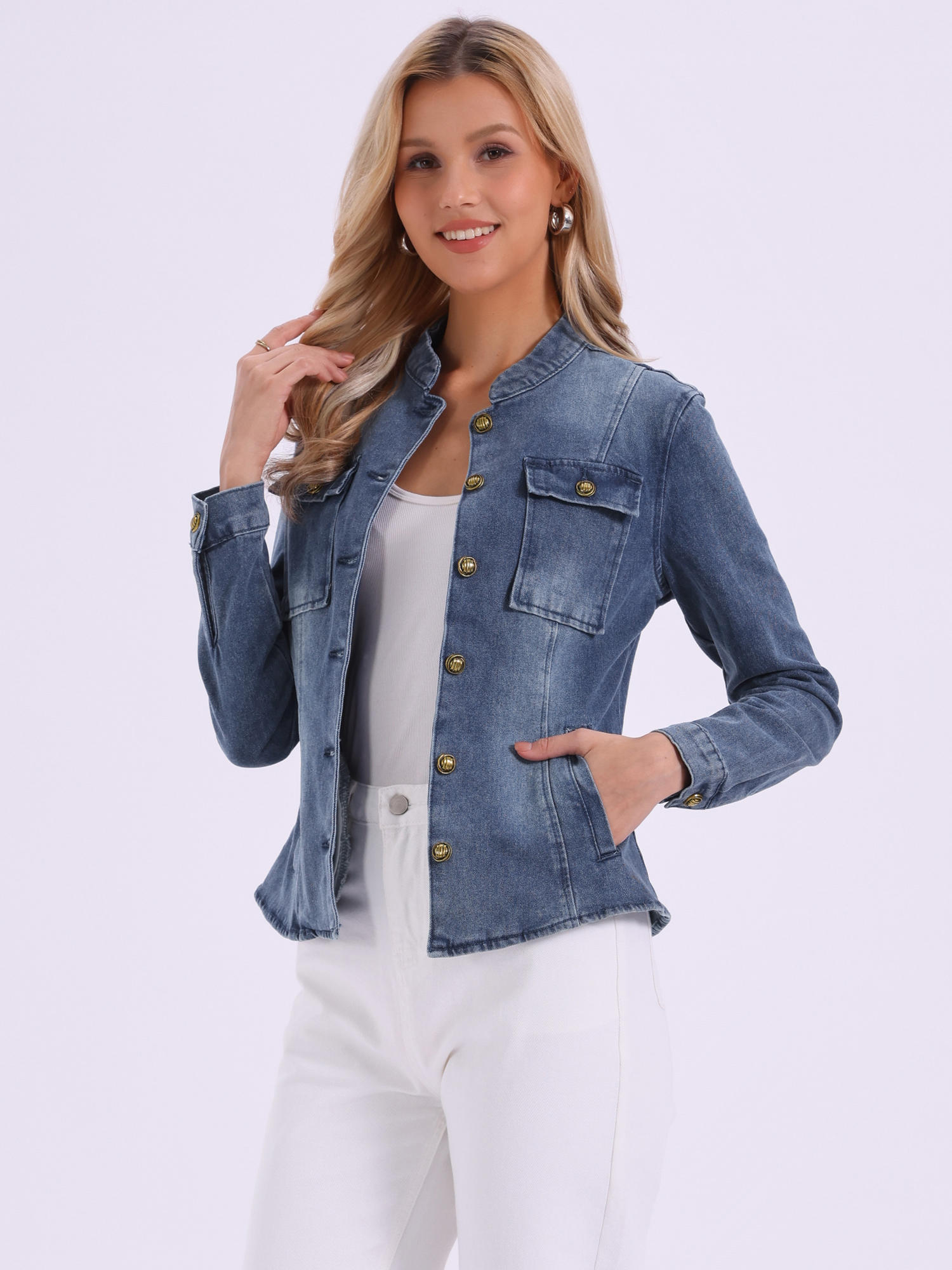 Casual Denim Classic Stand Collar Long Sleeve Jean Jacket Gray Blues/M