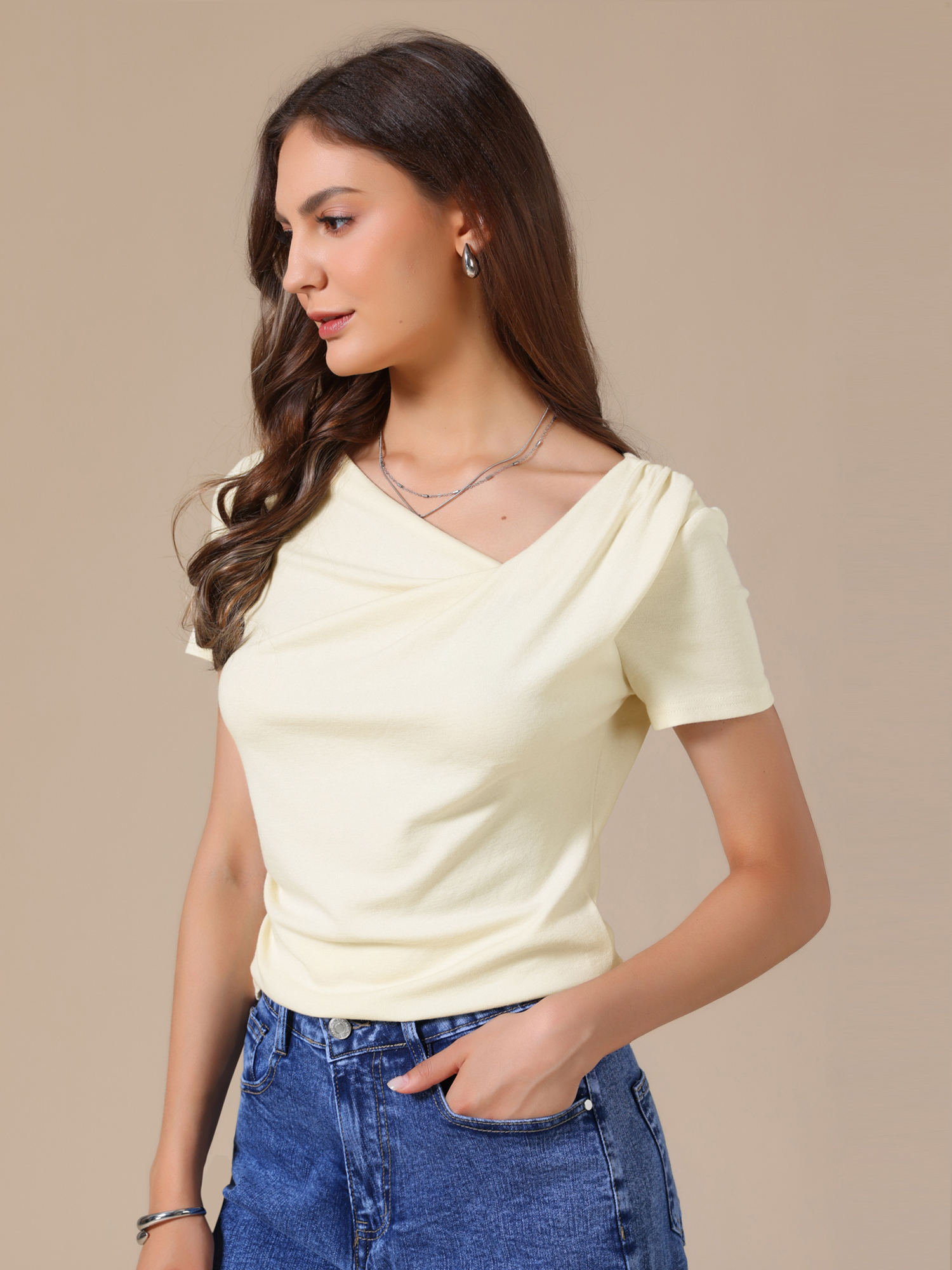 Short Sleeves Ruched Going Out Cropped Blouse Apricot/M