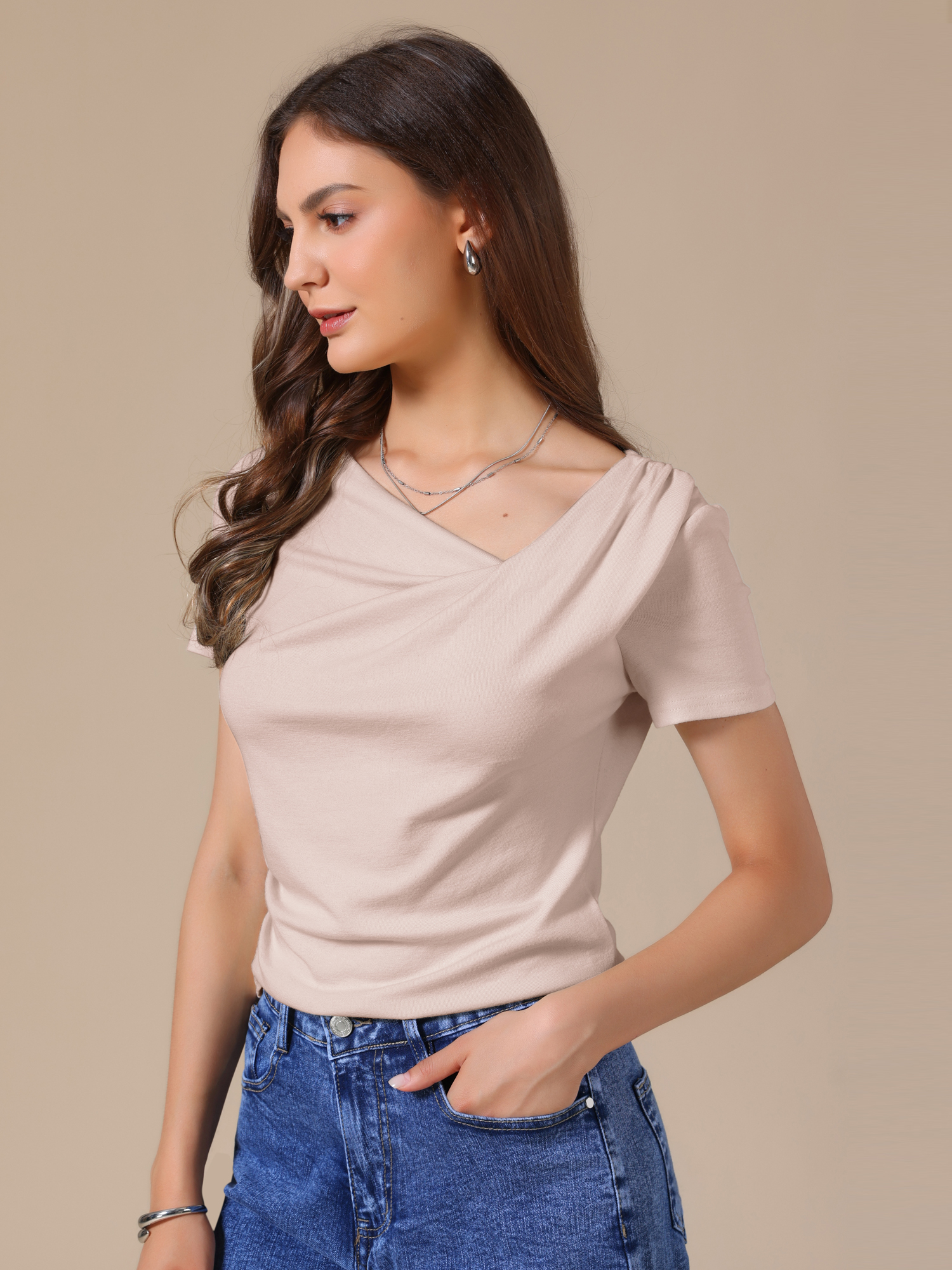 Short Sleeves Ruched Going Out Cropped Blouse Pink/L