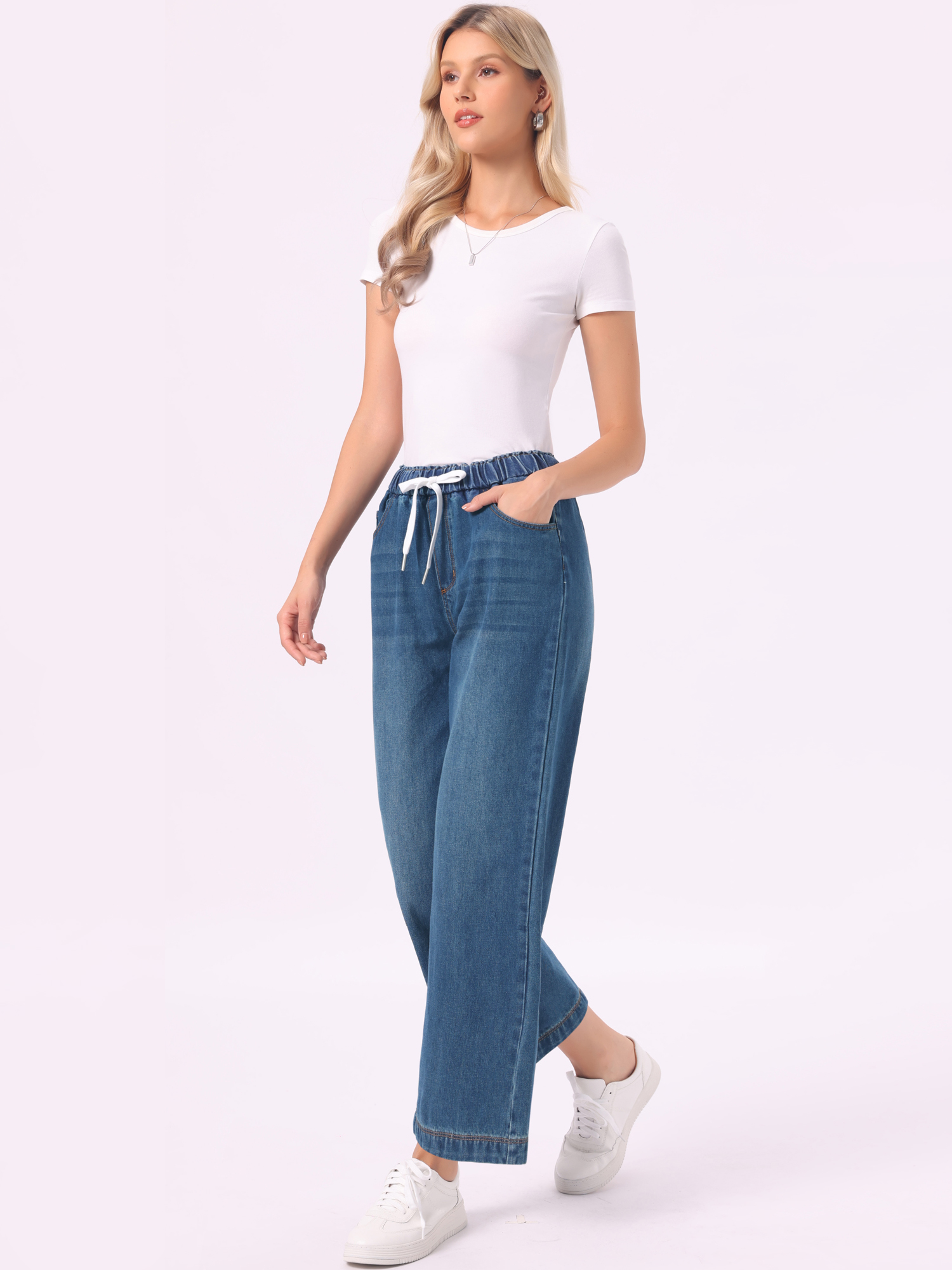 Casual Denim Pants Drawstring Elastic Waist Wide Legs Jeans Retro Blue/XL