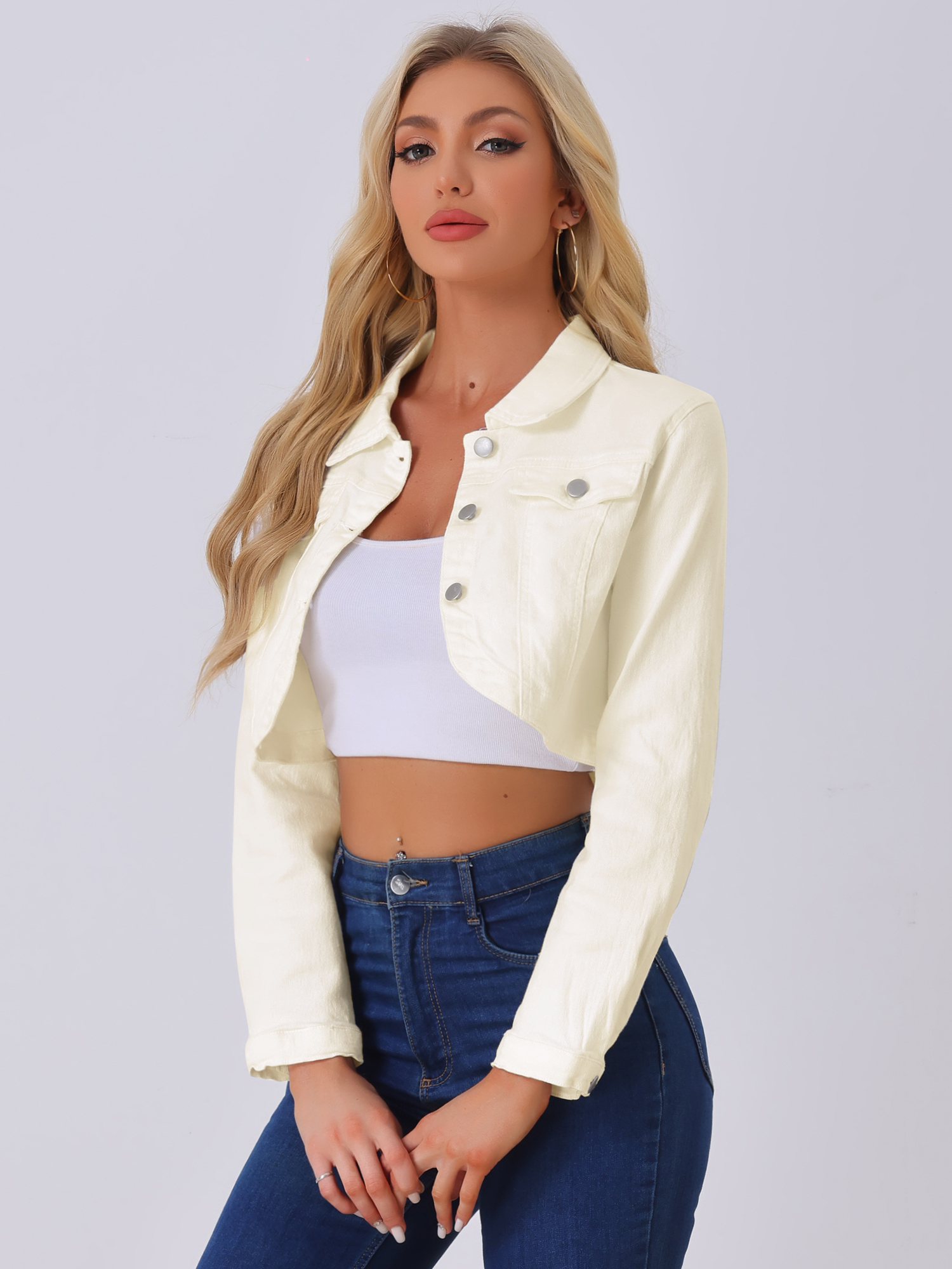 Collared Button Down Long Sleeve Denim Crop Jean Jacket Beige/S