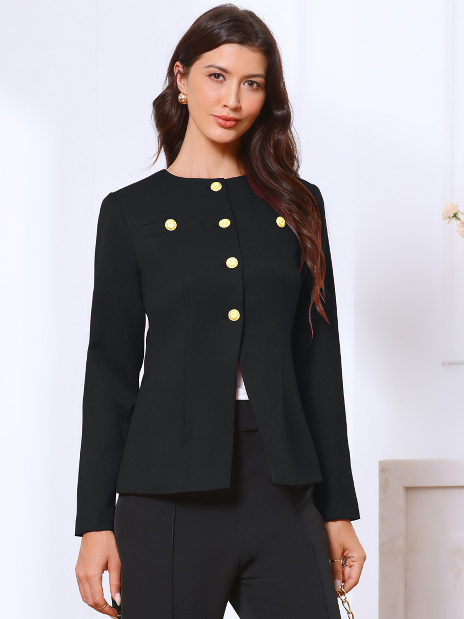 Collarless Button Down Long Sleeve Peplum Jackets Black/XS