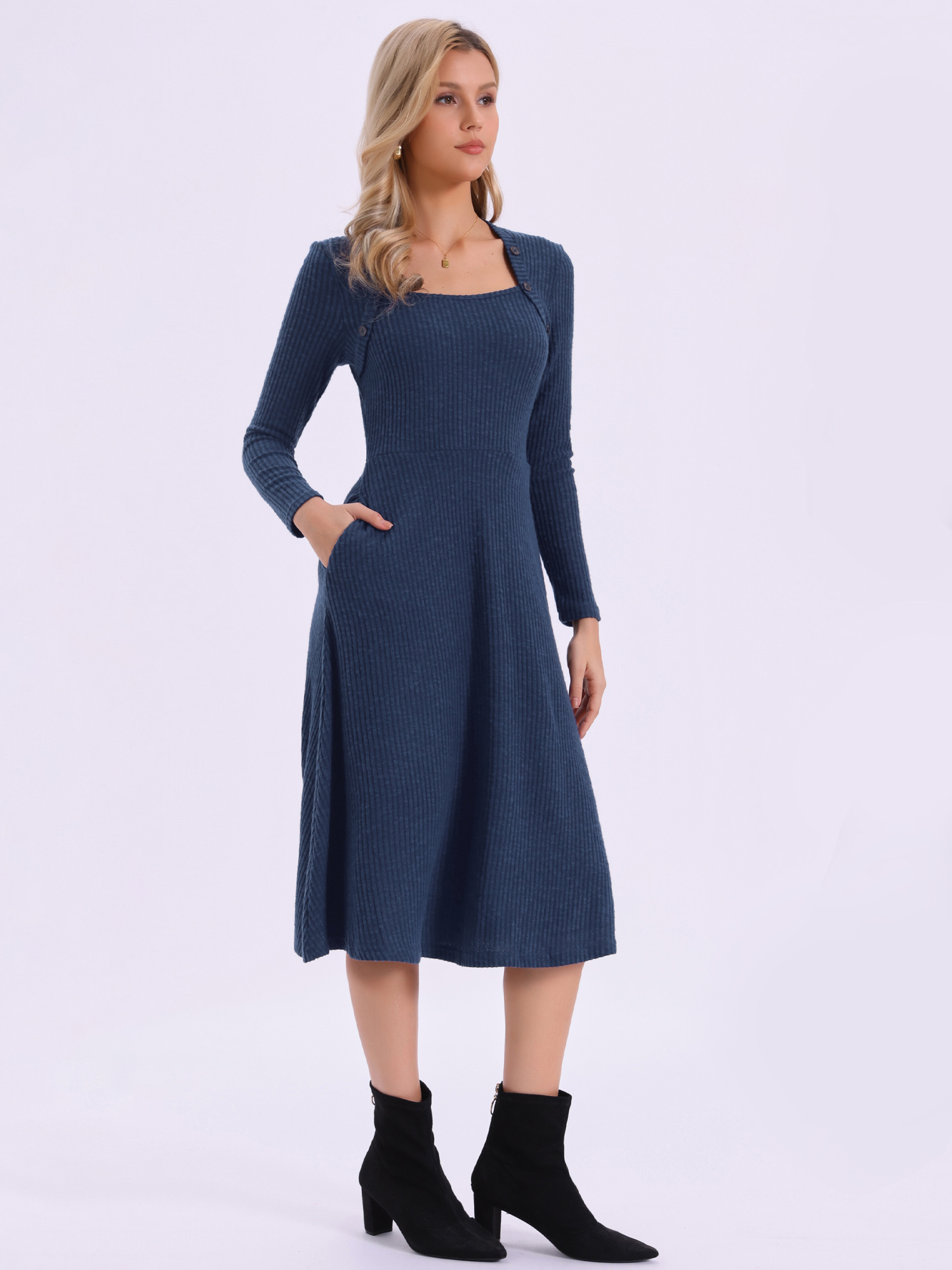 Casual Square Neck A-Line Pockets Midi Knitted Sweater Dress Dark Blue/XL