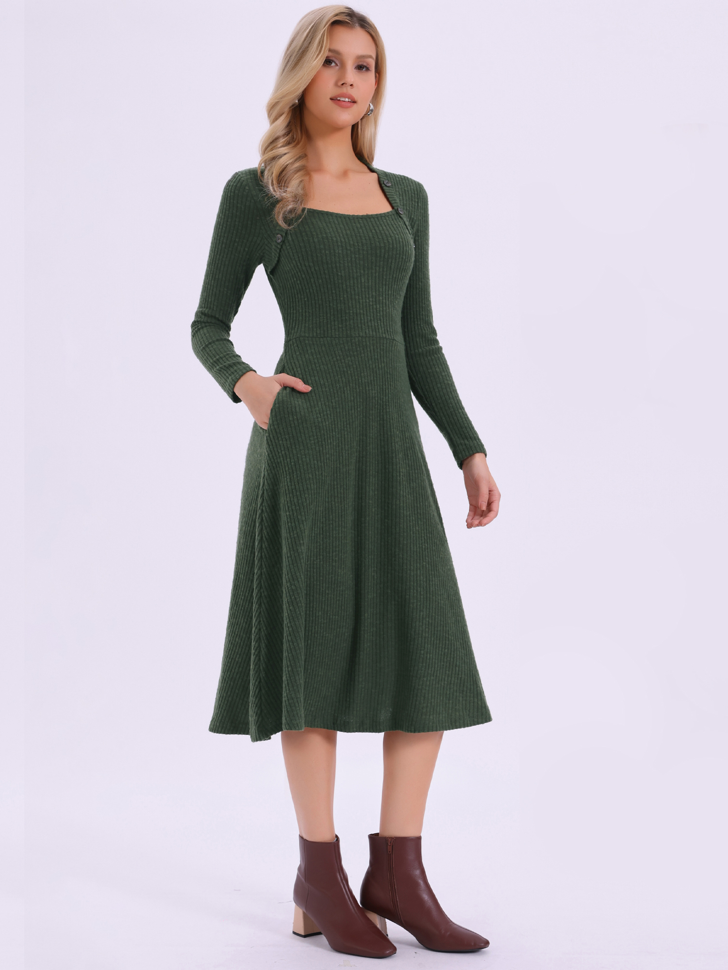 Casual Square Neck A-Line Pockets Midi Knitted Sweater Dress Green/S