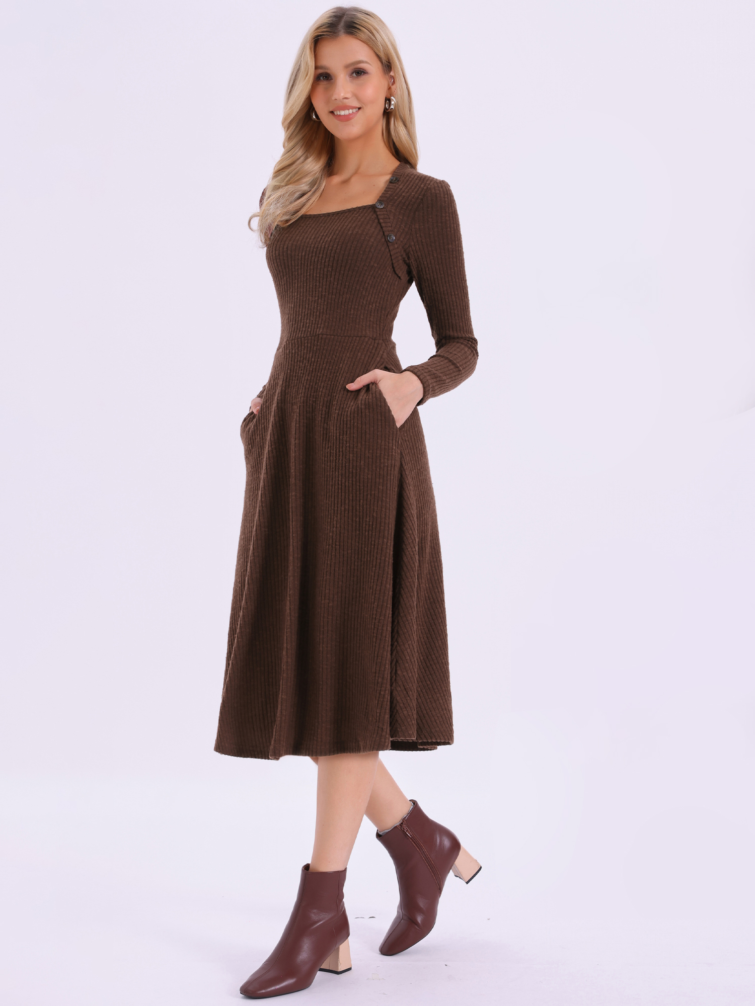 Casual Square Neck A-Line Pockets Midi Knitted Sweater Dress Brown/XL