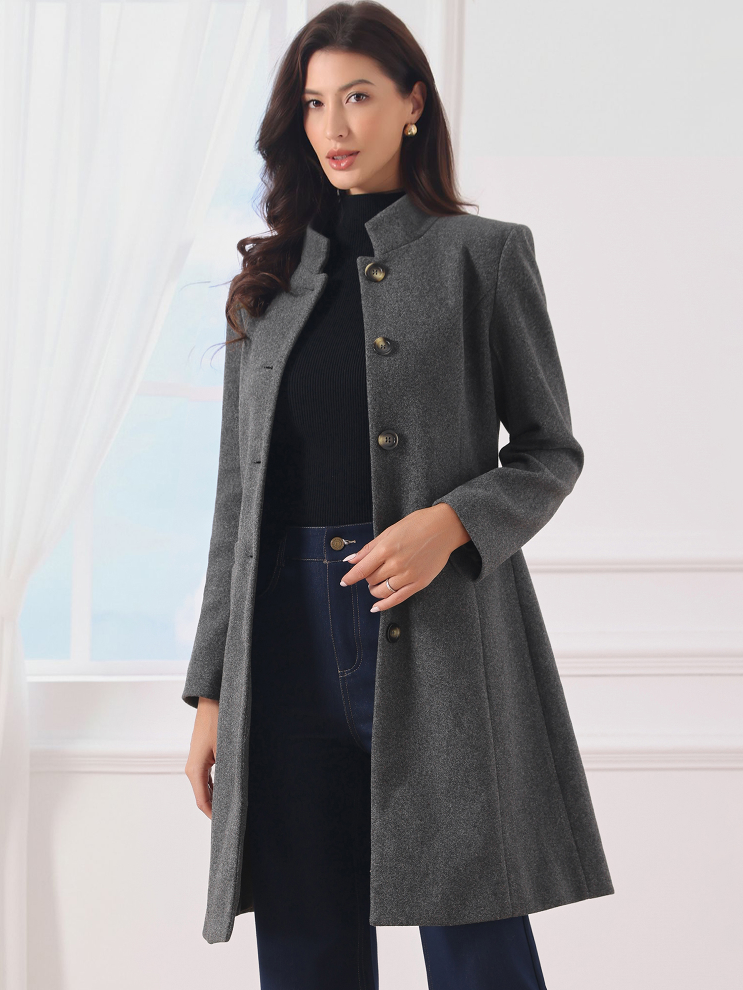 Stand Collar Single Breasted Mid-Long Overcoat Grey/S