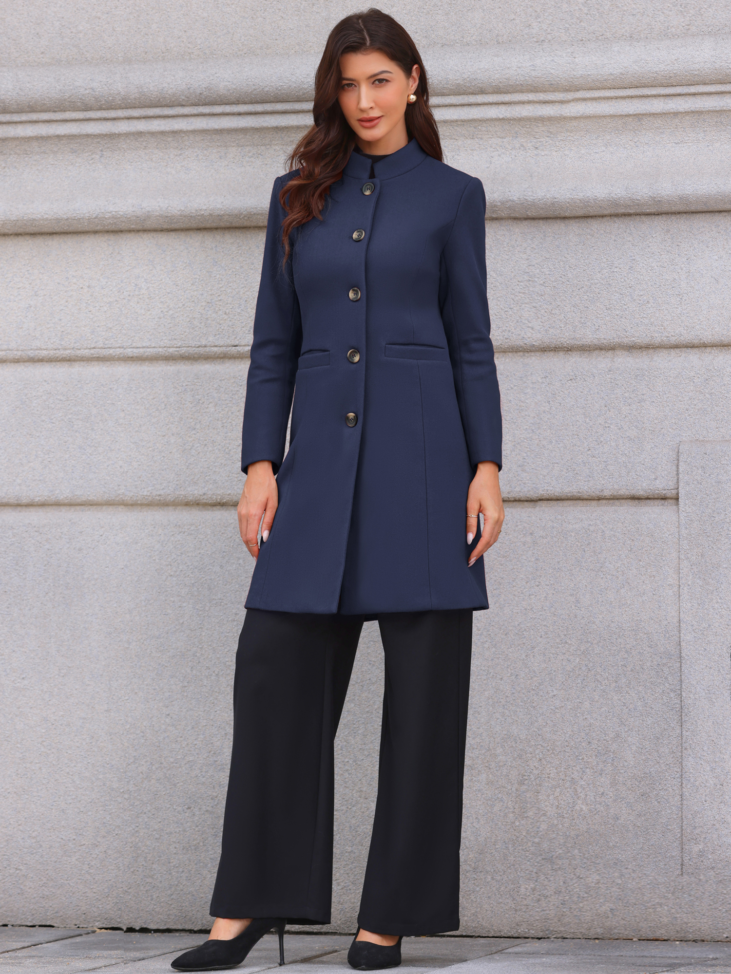 Stand Collar Single Breasted Mid-Long Overcoat Navy Blue/XL