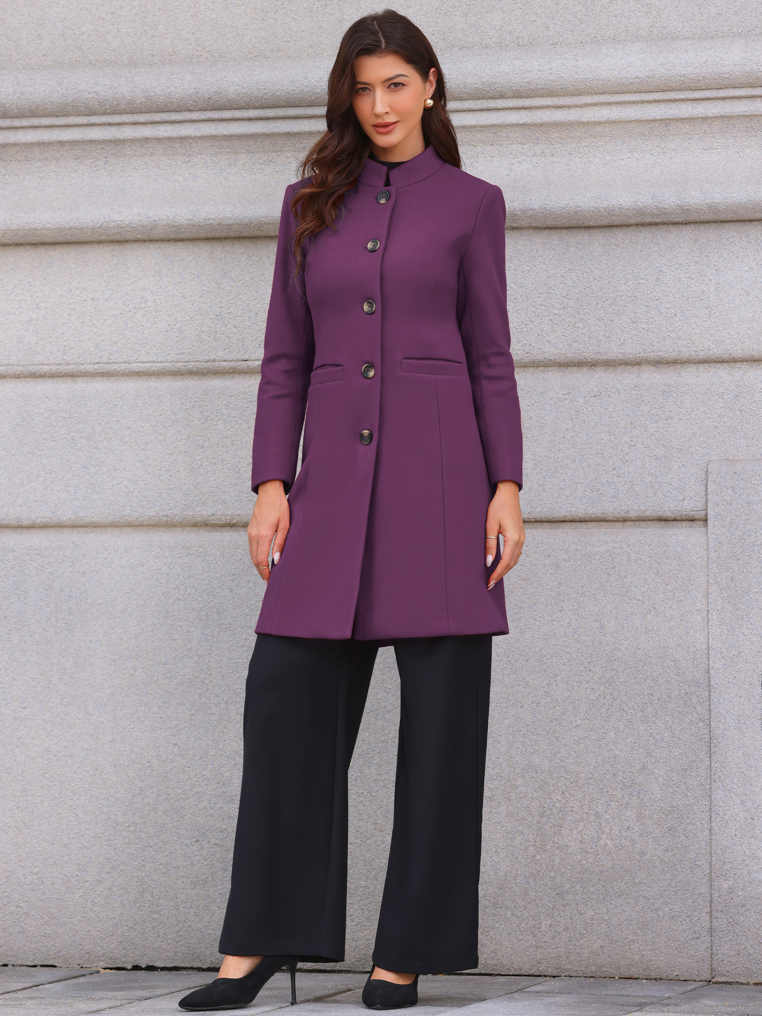 Stand Collar Single Breasted Mid-Long Overcoat Purple/XS