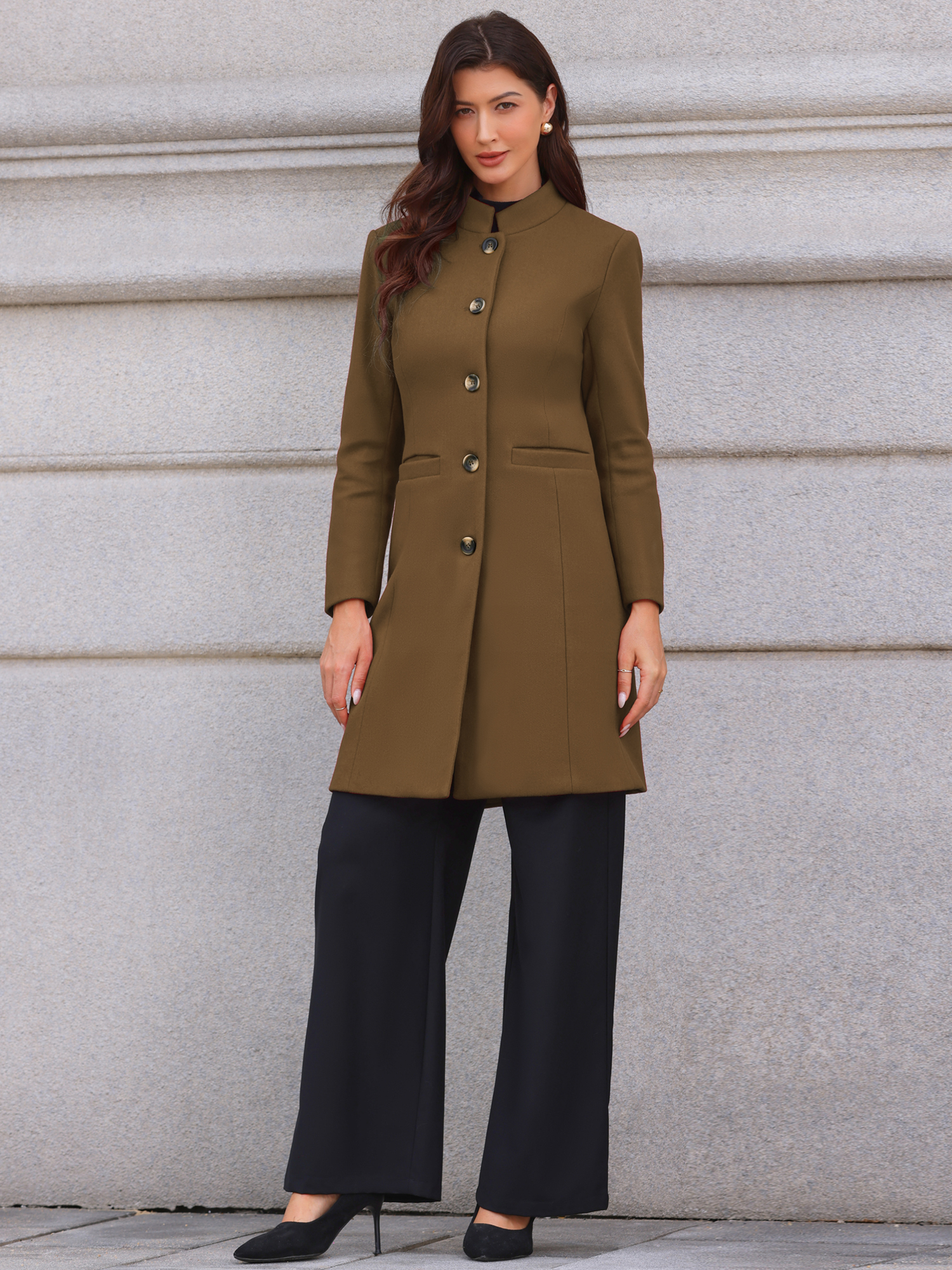 Stand Collar Single Breasted Mid-Long Overcoat Brown/M