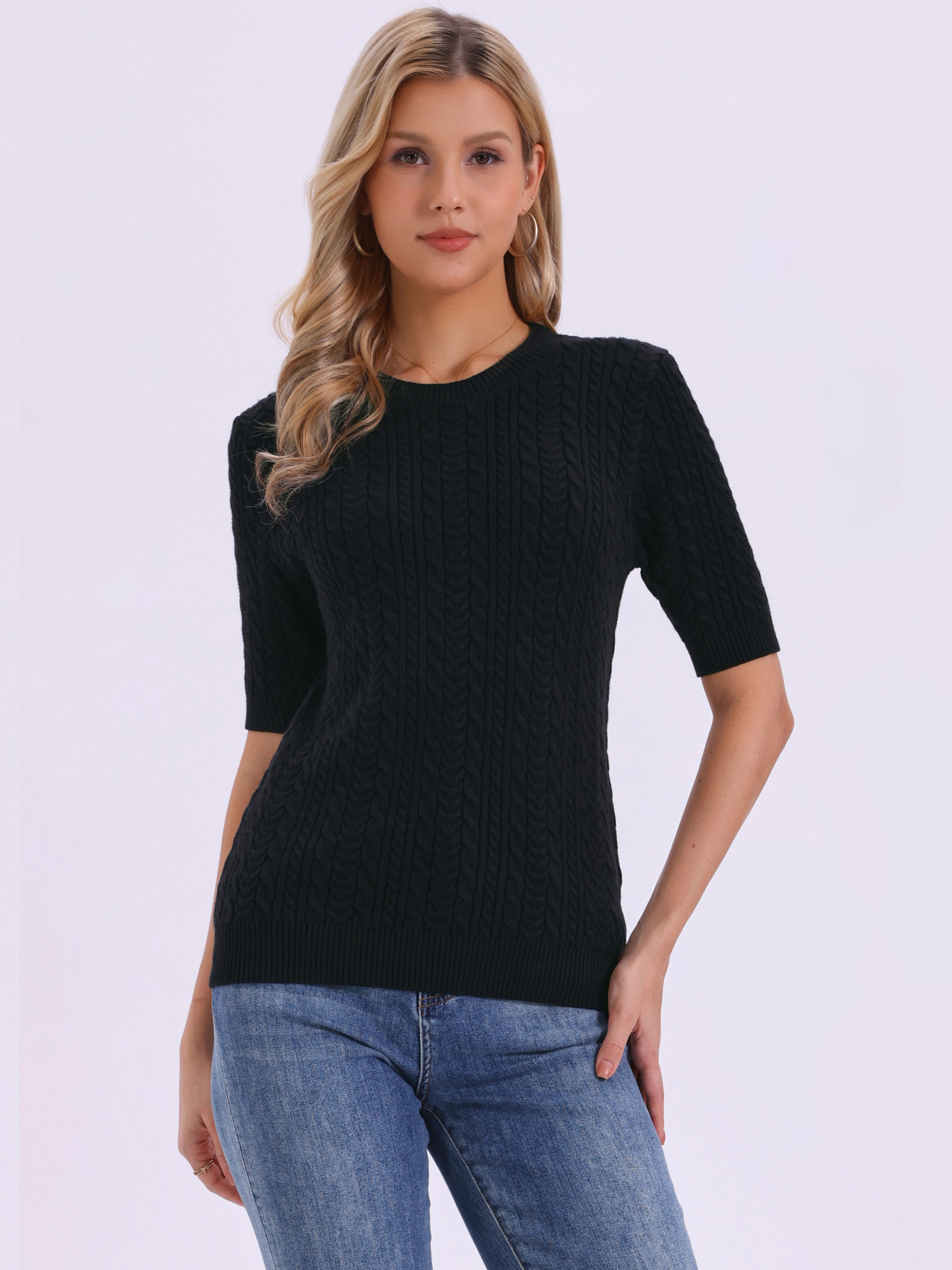 Short Sleeve Crew Neck Knit Casual Sweater Top Black/L