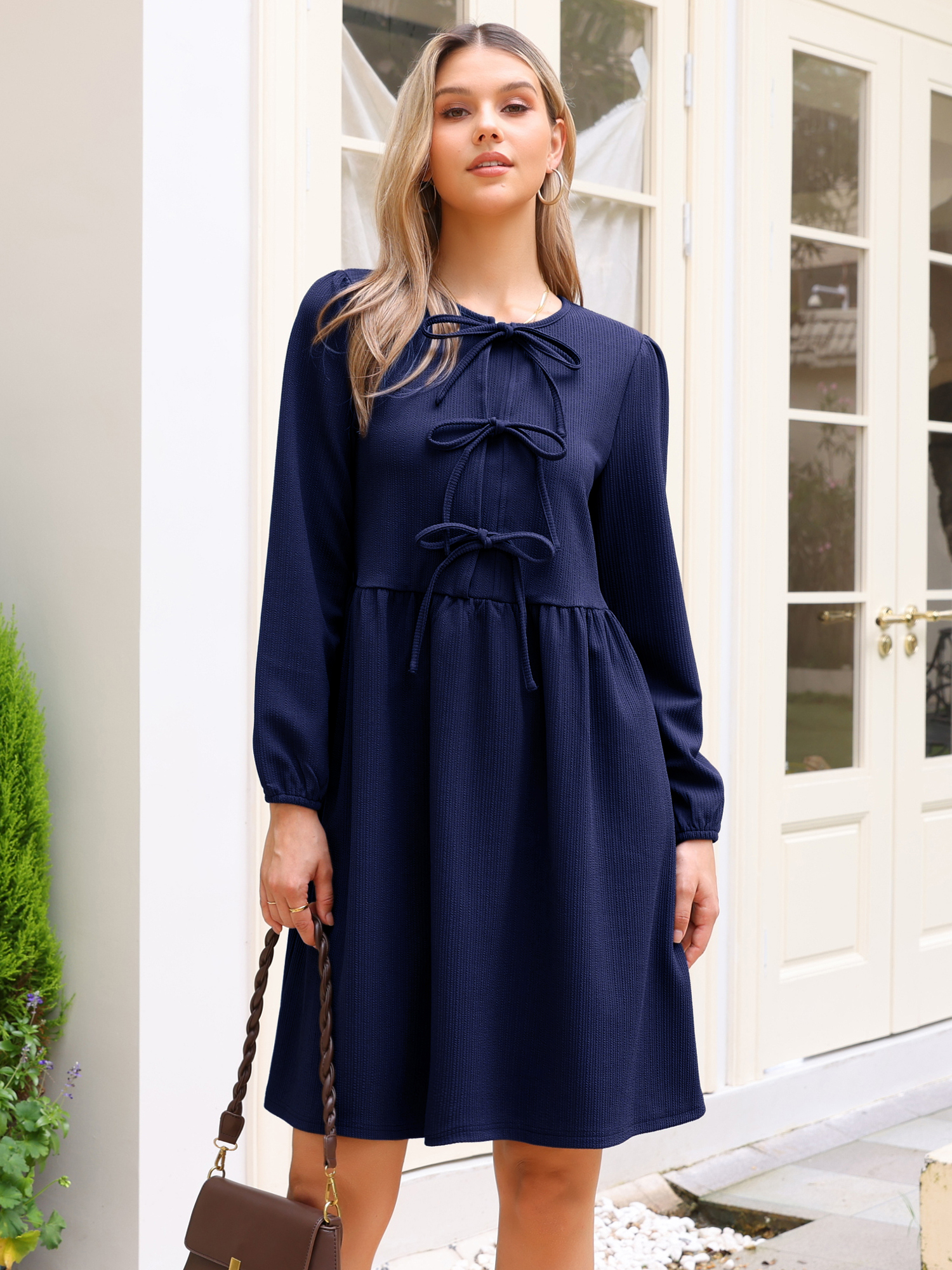 Puff Long Sleeve Bow Tie Front Babydoll Dress Navy Blue/XS