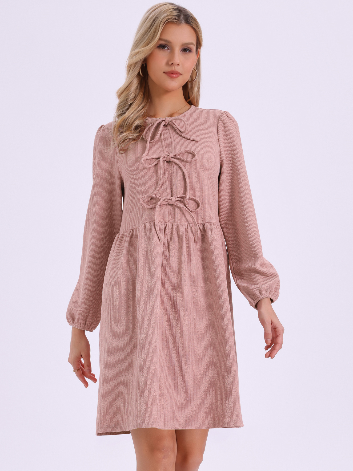 Puff Long Sleeve Bow Tie Front Babydoll Dress Dusty Pink/XS